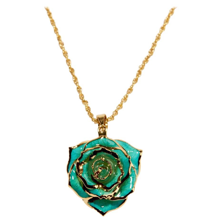 Eternal Rose Teal Rhapsody Necklace, Teal, Gold-Dipped Real Rose, 24k Gold For Sale