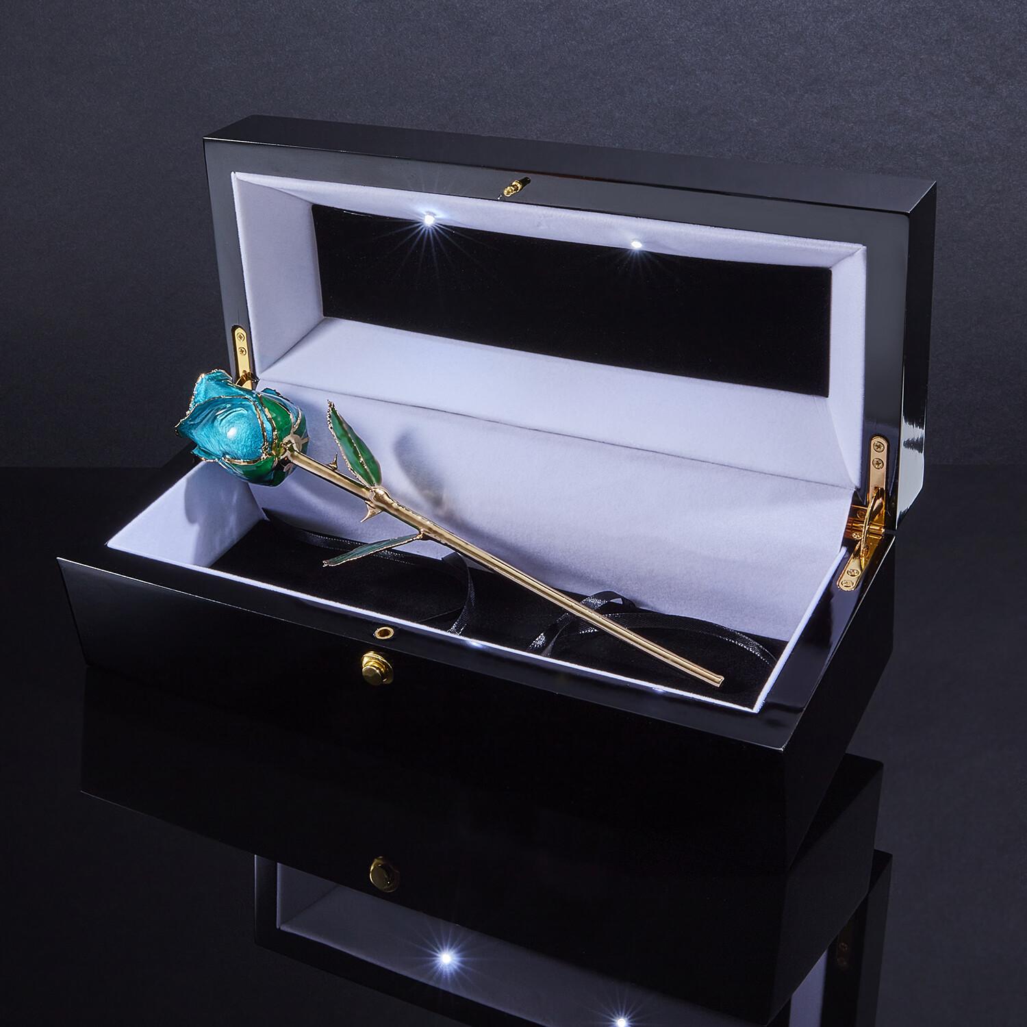 Eternal Rose Tear Drops, Ocean Blue, Real Rose in 24k Gold w/ LED Display In New Condition For Sale In Belmont, MA