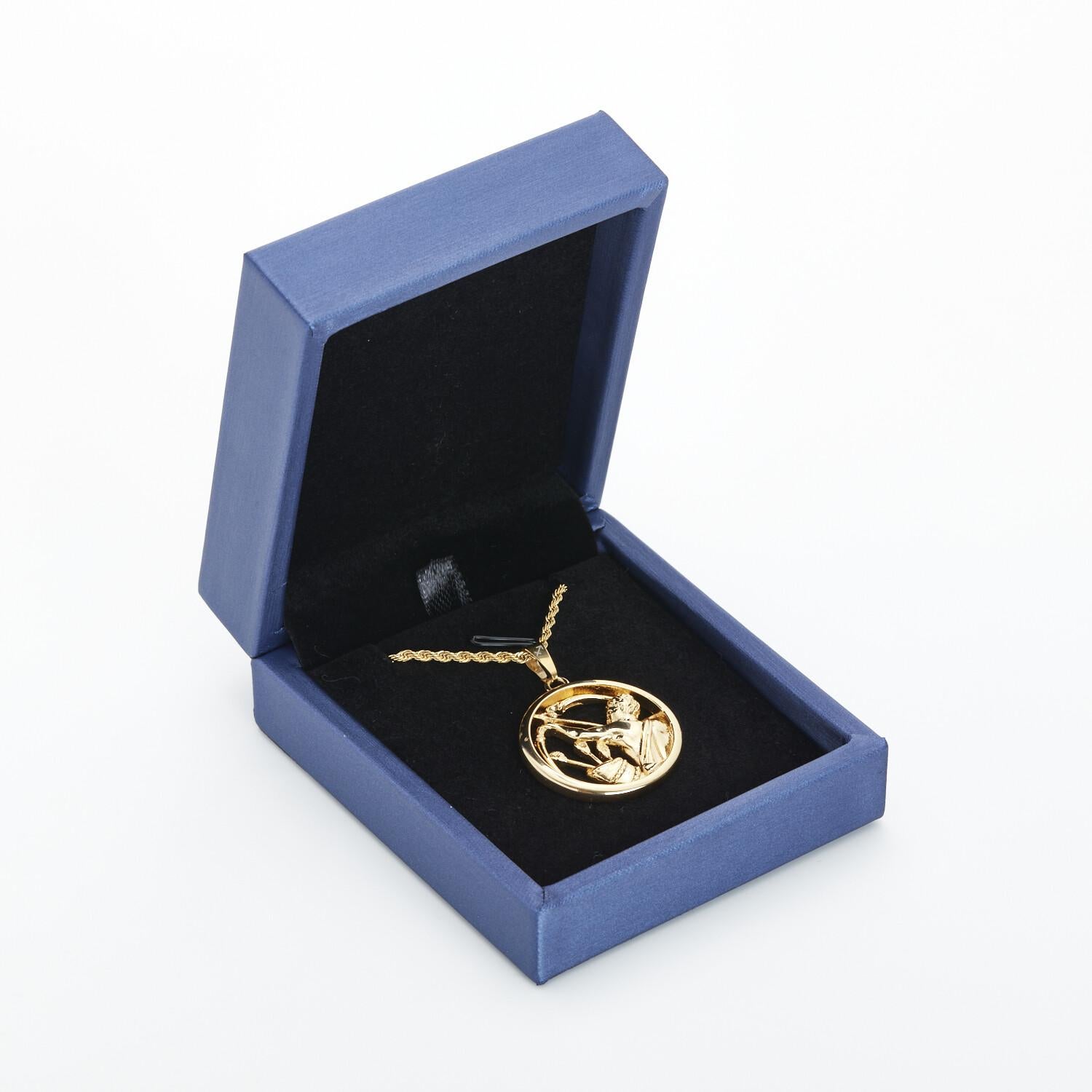Eternally Sagittarius (November 22 – December 21)

The Eternal Zodiac “Sagittarius” Pendant features a depiction of the sign’s symbol, the Archer. Sagittarius is a fire sign and ruled by the planet Jupiter. Those born under this sign are often free