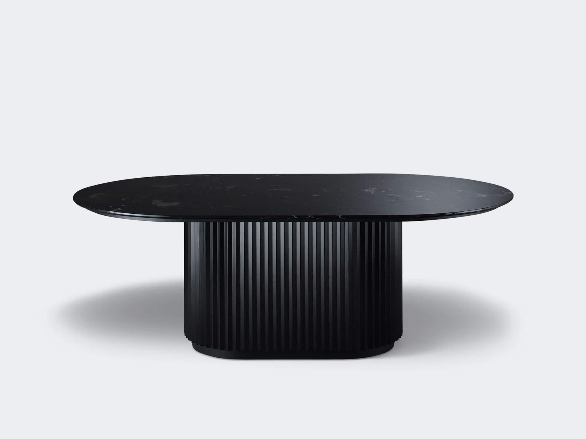 Eternel L Dining Table by Milla & Milli
Signed by Maša Vukmanović, Jelena Lukač Kirš, Jakov Šrajer
Dimensions: W 260-280 x D 130 x H 75 cm 
Materials: Ash Noir Lacquered, Black Metal, Marble Nero Marquina. 


Eternal Dining Table:
The centrepiece of