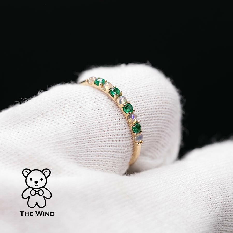 Brilliant Cut Eternity Australian Solid Opal & Tsavorite Ring 18K Yellow Gold Wedding Band For Sale
