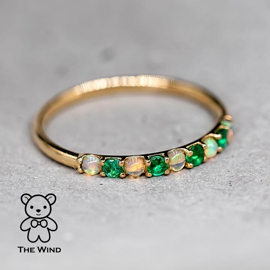 Brilliant Cut Eternity Australian Solid Opal & Tsavorite Ring 18K Yellow Gold Wedding Band For Sale