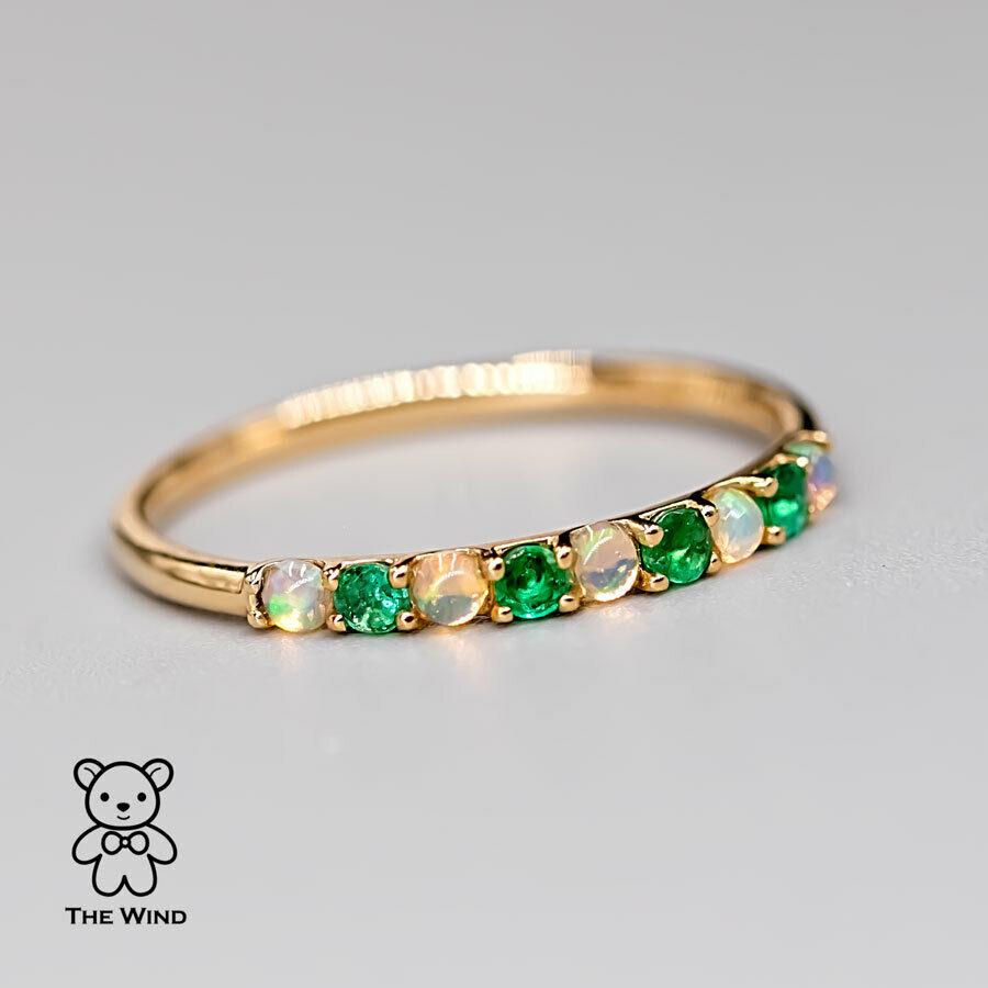 Artist Eternity Australian Solid Opal & Tsavorite Ring 18K Yellow Gold Wedding Band For Sale