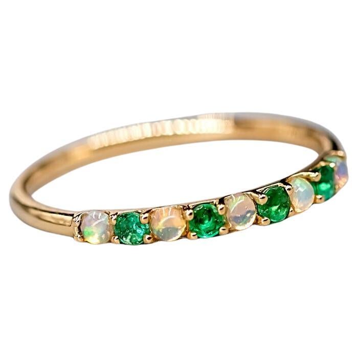 Eternity Australian Solid Opal & Tsavorite Ring 18K Yellow Gold Wedding Band