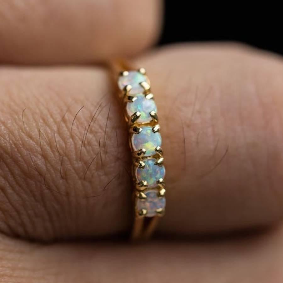 Eternity Australian Solid Opal Wedding Band 14K Yellow Gold In New Condition For Sale In Suwanee, GA