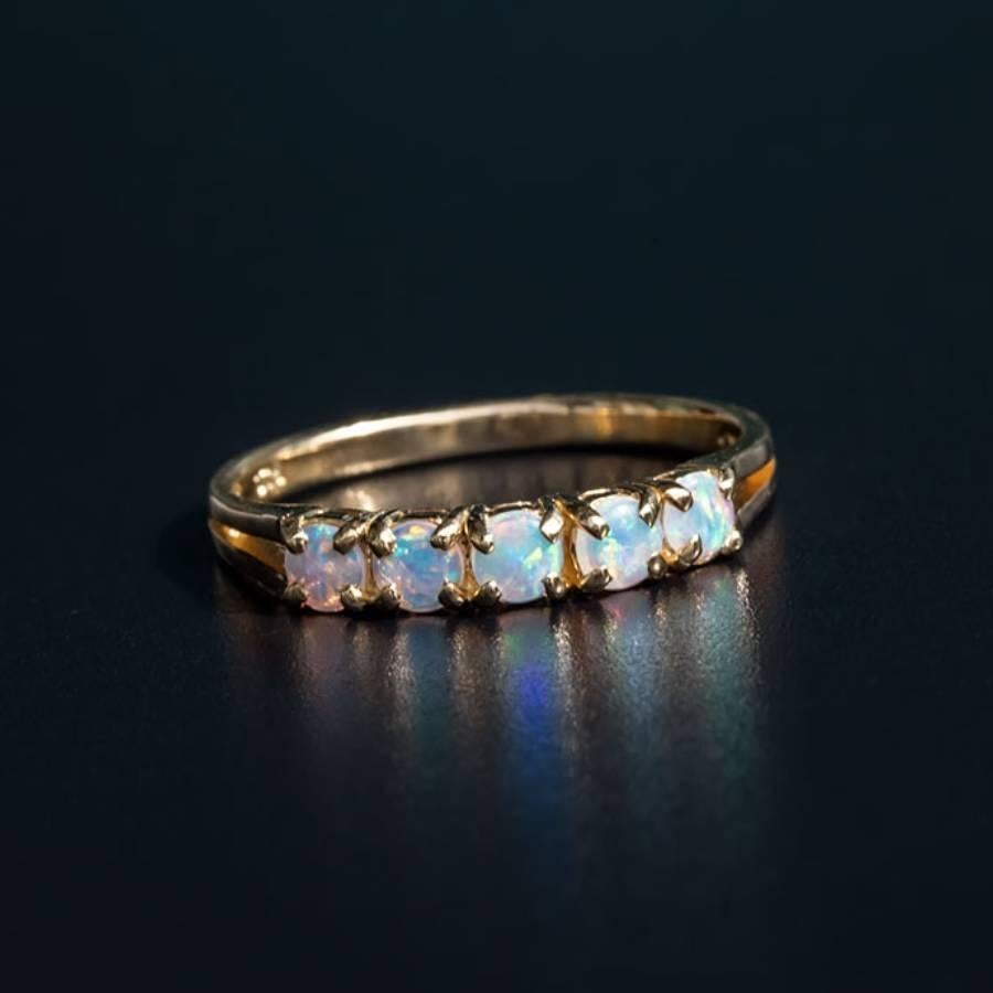 Women's or Men's Eternity Australian Solid Opal Wedding Band 14K Yellow Gold For Sale