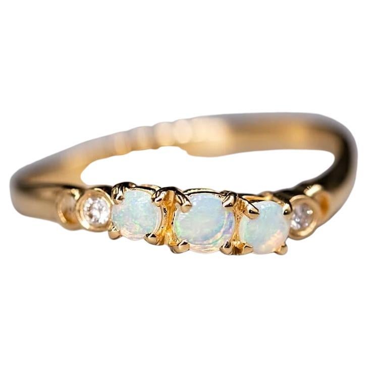 Anillo Curvo Anillo Sólido Australiano Diamante Ópalo Redondo Oro Amarillo 14K