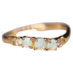 Anillo Curvo Anillo Sólido Australiano Diamante Ópalo Redondo Oro Amarillo 14K