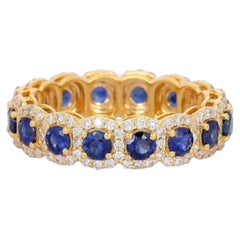 2.17ct Blue Sapphire & Diamond 14K Yellow Gold Eternity Halo Ring