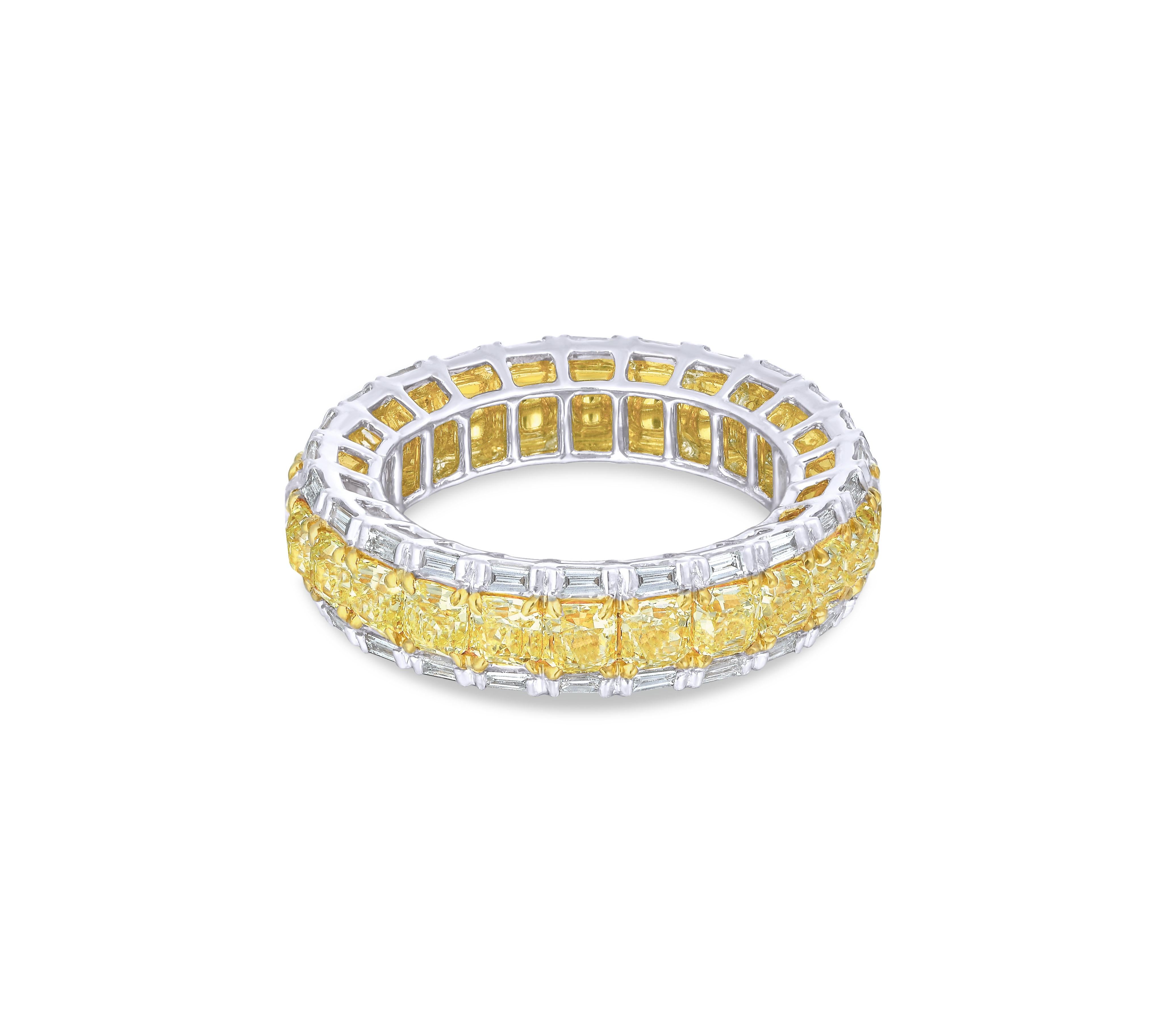 An eternity or Infinity ring, comprises a continuous line of identically cut & calibrated diamonds symbolising never ending love. Such calibration of diamonds is very difficult in yellow diamonds. Translating our manufacturing expertise into