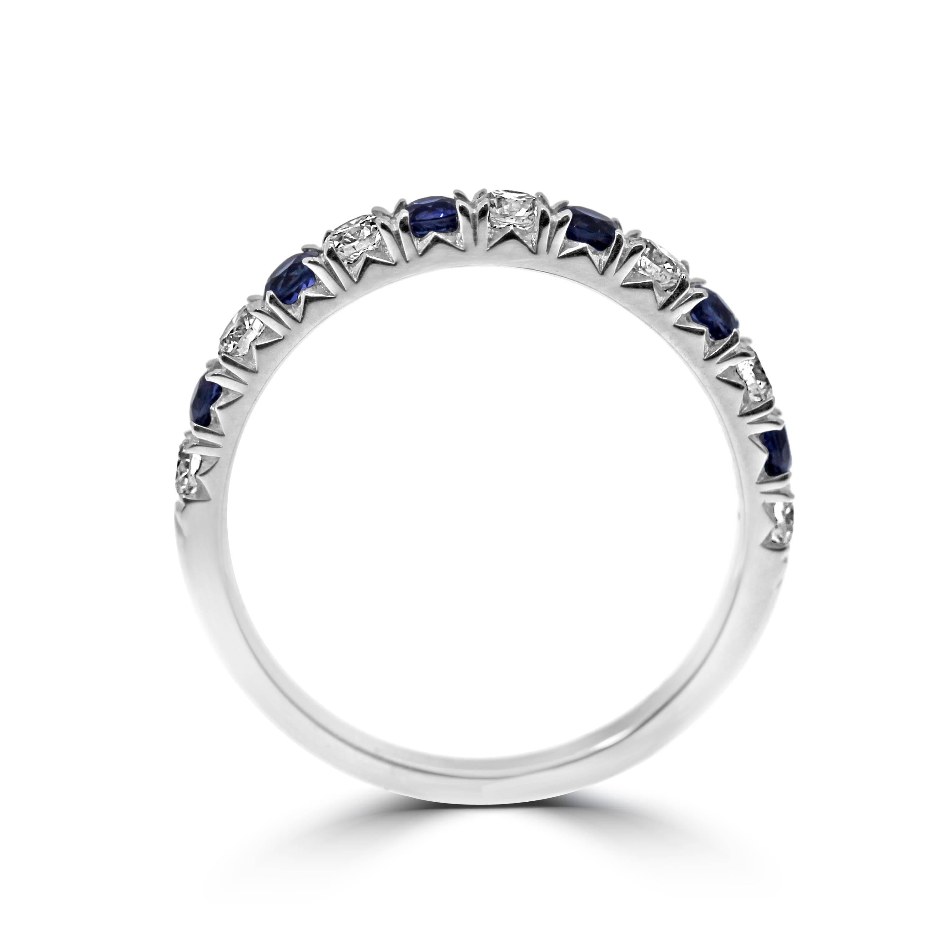 Round Cut 18K White Gold Eternity Band Ring Half Set Diamonds and Blue Sapphire gemstones