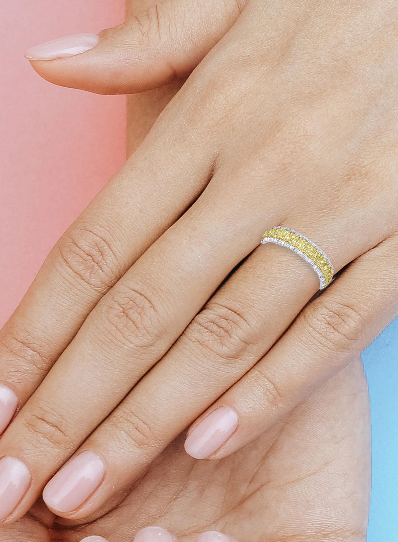 An eternity or Infinity ring, comprises a continuous line of identically cut & calibrated diamonds symbolising never ending love. Such calibration of diamonds is very difficult in yellow diamonds. Translating our manufacturing expertise into