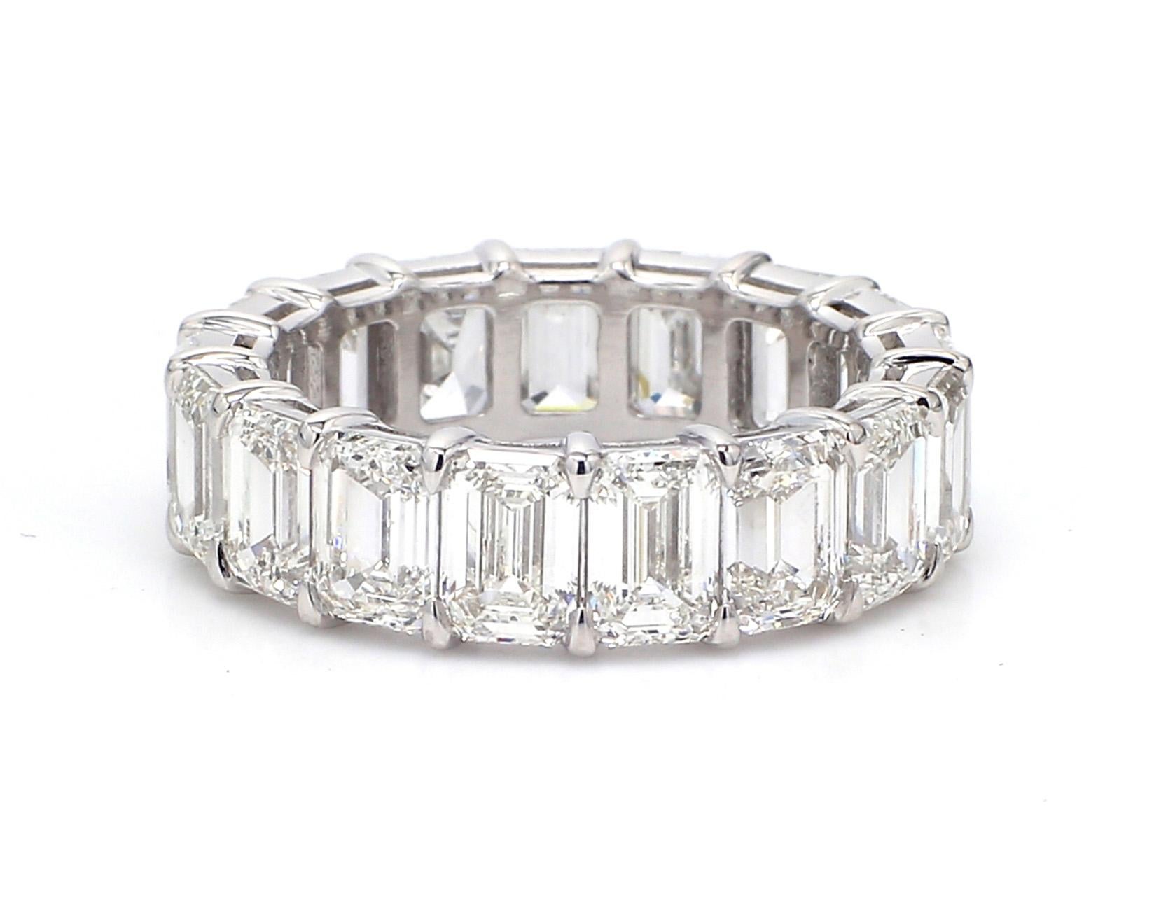 Eternity band in platinum with double basket claw set GIA certified G-H/VVS2-VS2 emerald cut diamonds. D8.57ct.