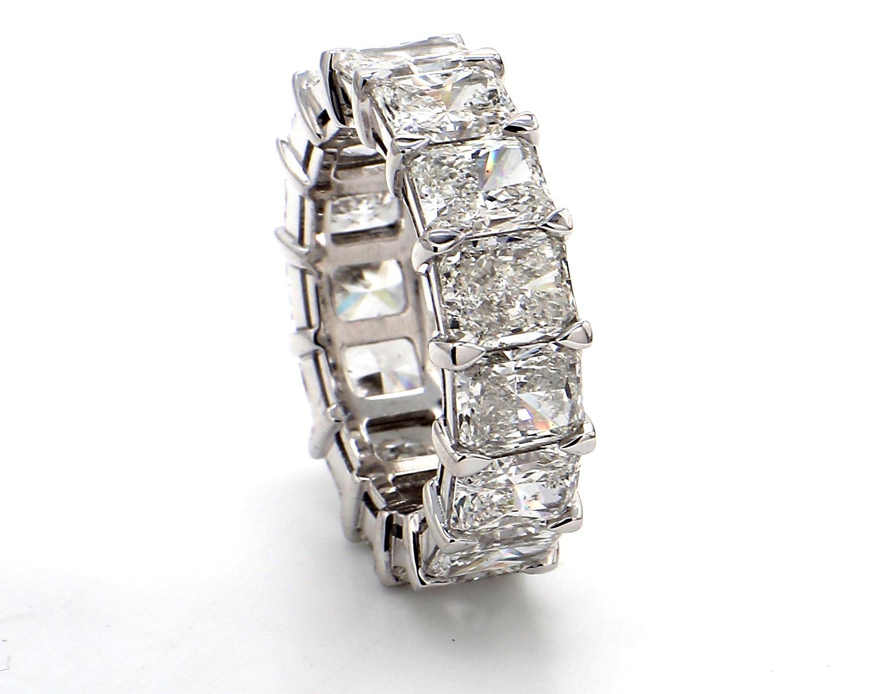 Eternity band in platinum with basket claw set 15 radiant cut diamonds. D11.11ct.t.w.  Size 7