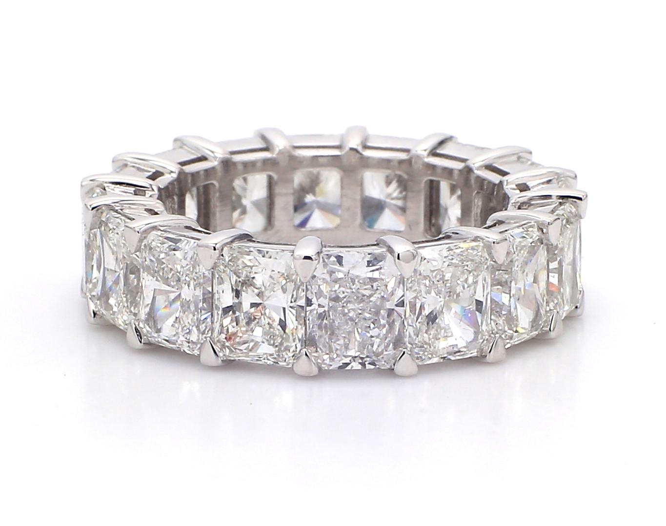Eternity band in platinum with basket claw set 16 radiant cut diamonds.  D11.57ct.t.w.  Size 7