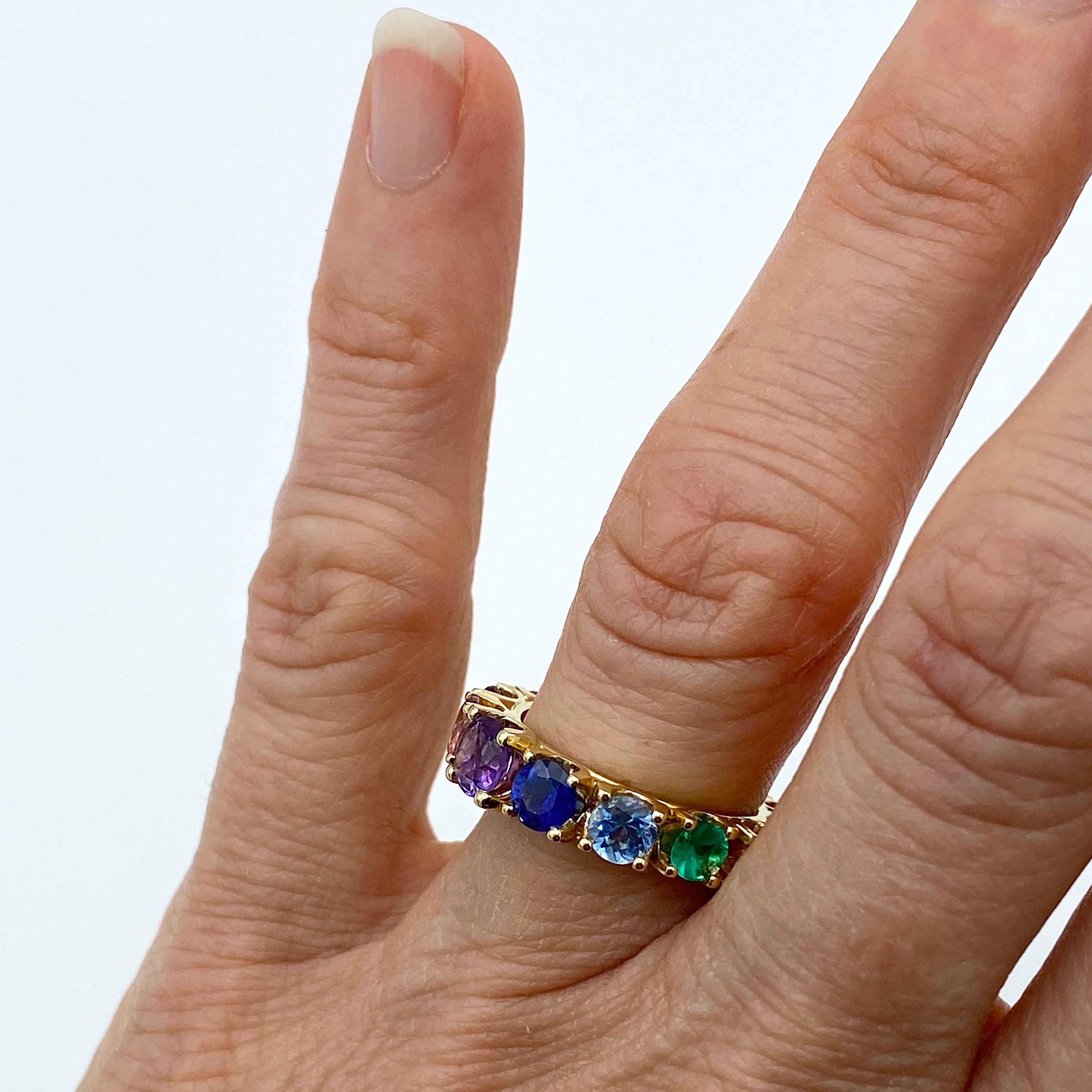Eternity Band Rainbow Sapphire Emerald Tzavorite Semiprecious 18 Karat Gold Ring For Sale 2