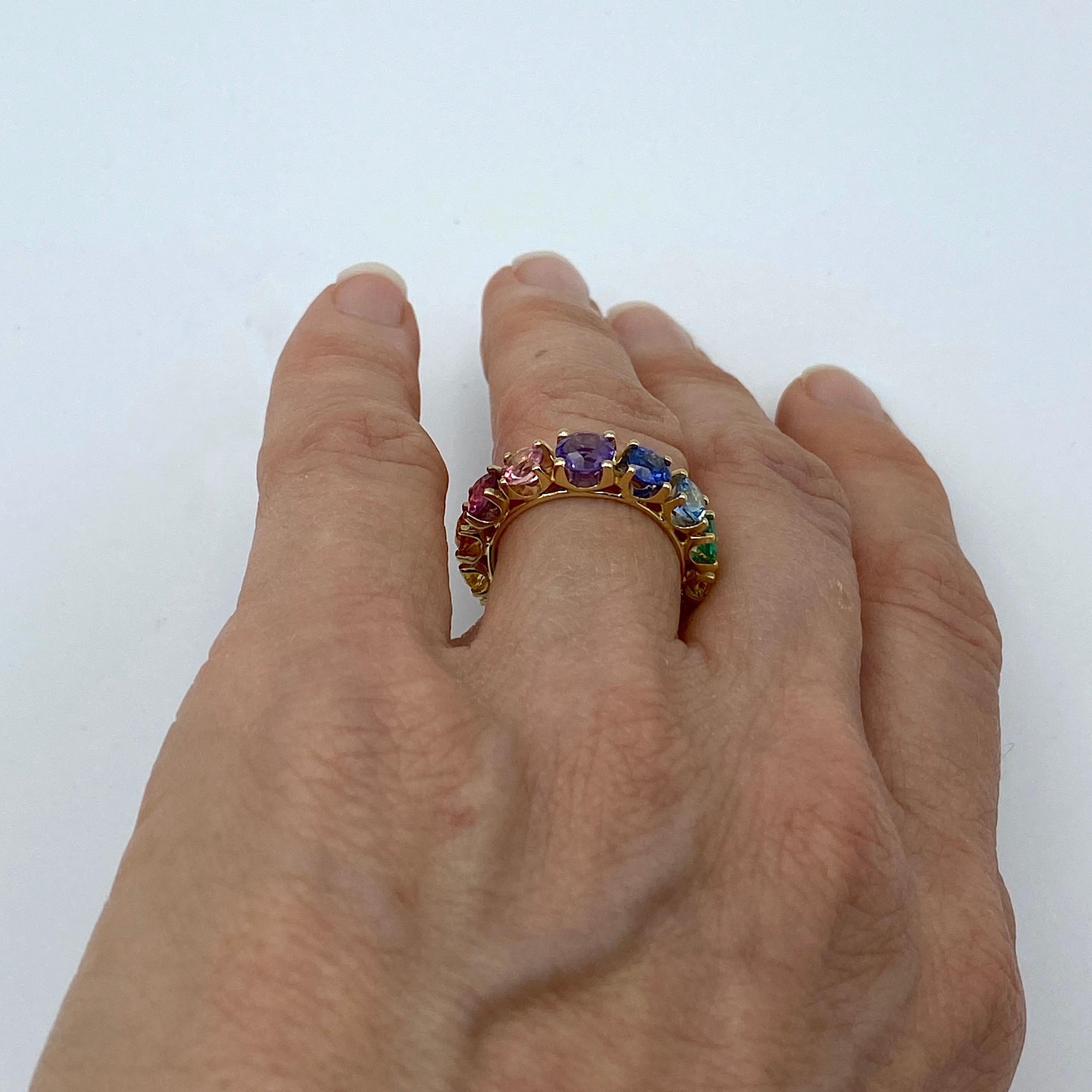 Eternity Band Rainbow Sapphire Emerald Tzavorite Semiprecious 18 Karat Gold Ring For Sale 3