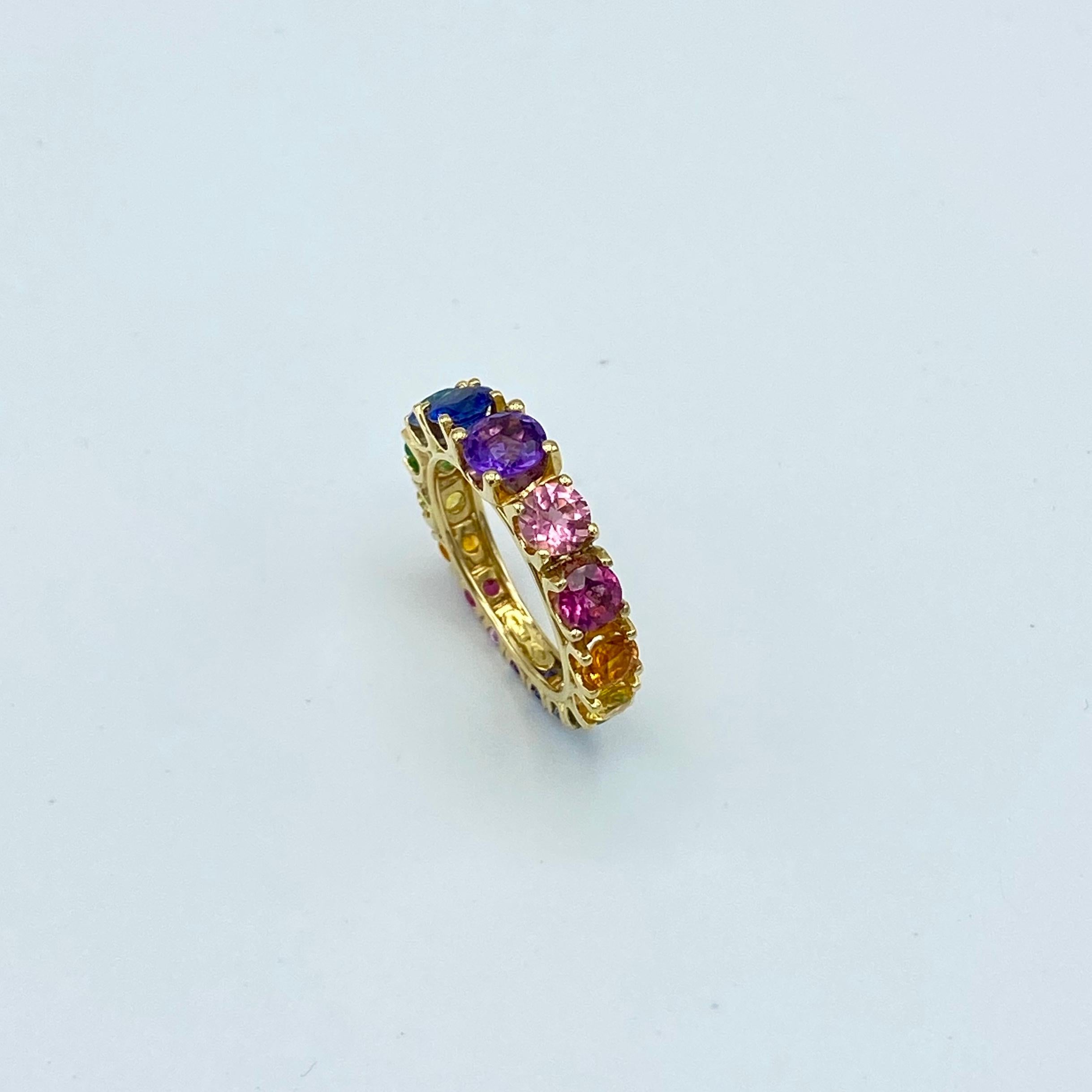 Artisan Eternity Band Rainbow Sapphire Emerald Tzavorite Semiprecious 18 Karat Gold Ring For Sale