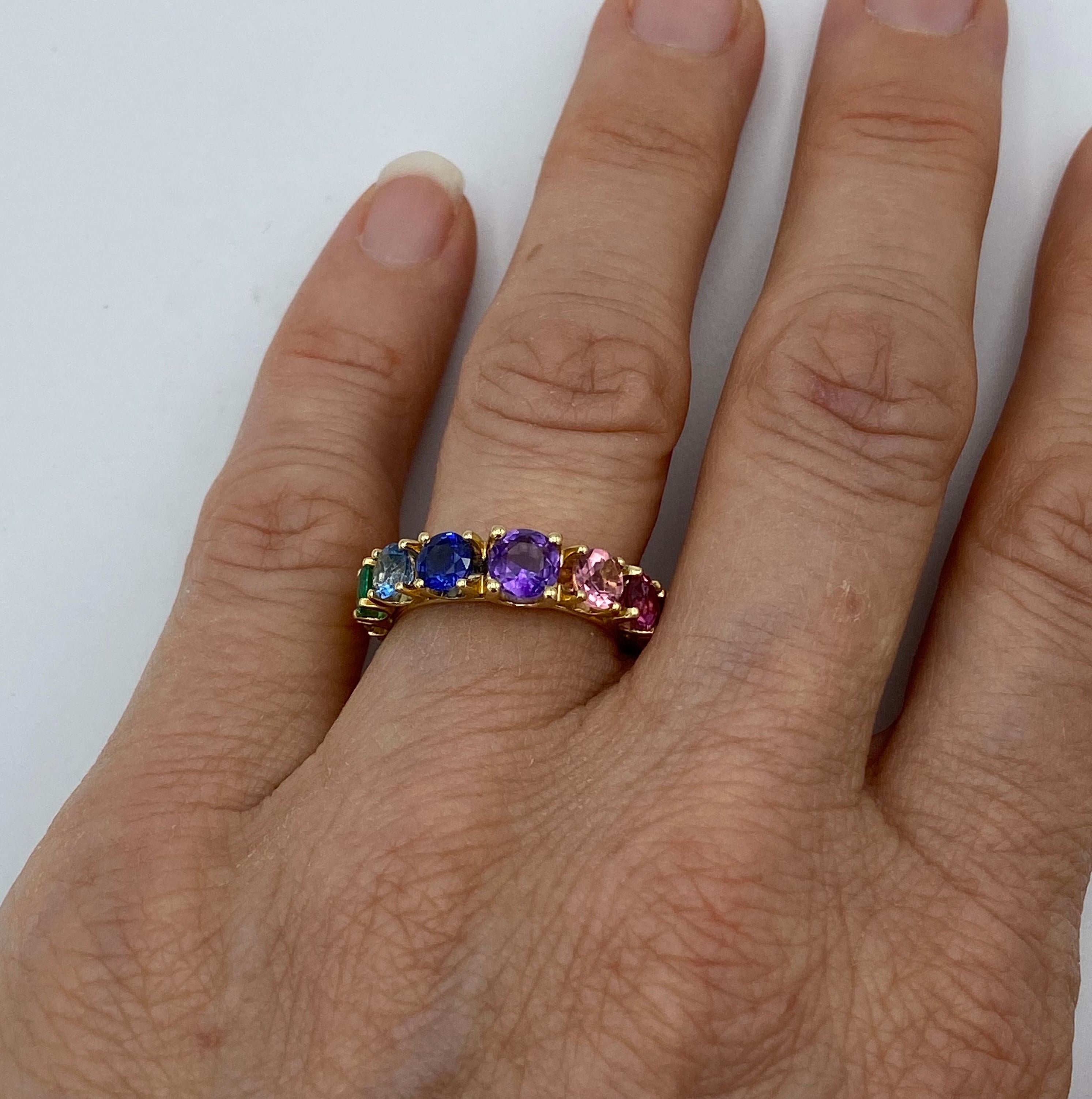 Women's Eternity Band Rainbow Sapphire Emerald Tzavorite Semiprecious 18 Karat Gold Ring For Sale