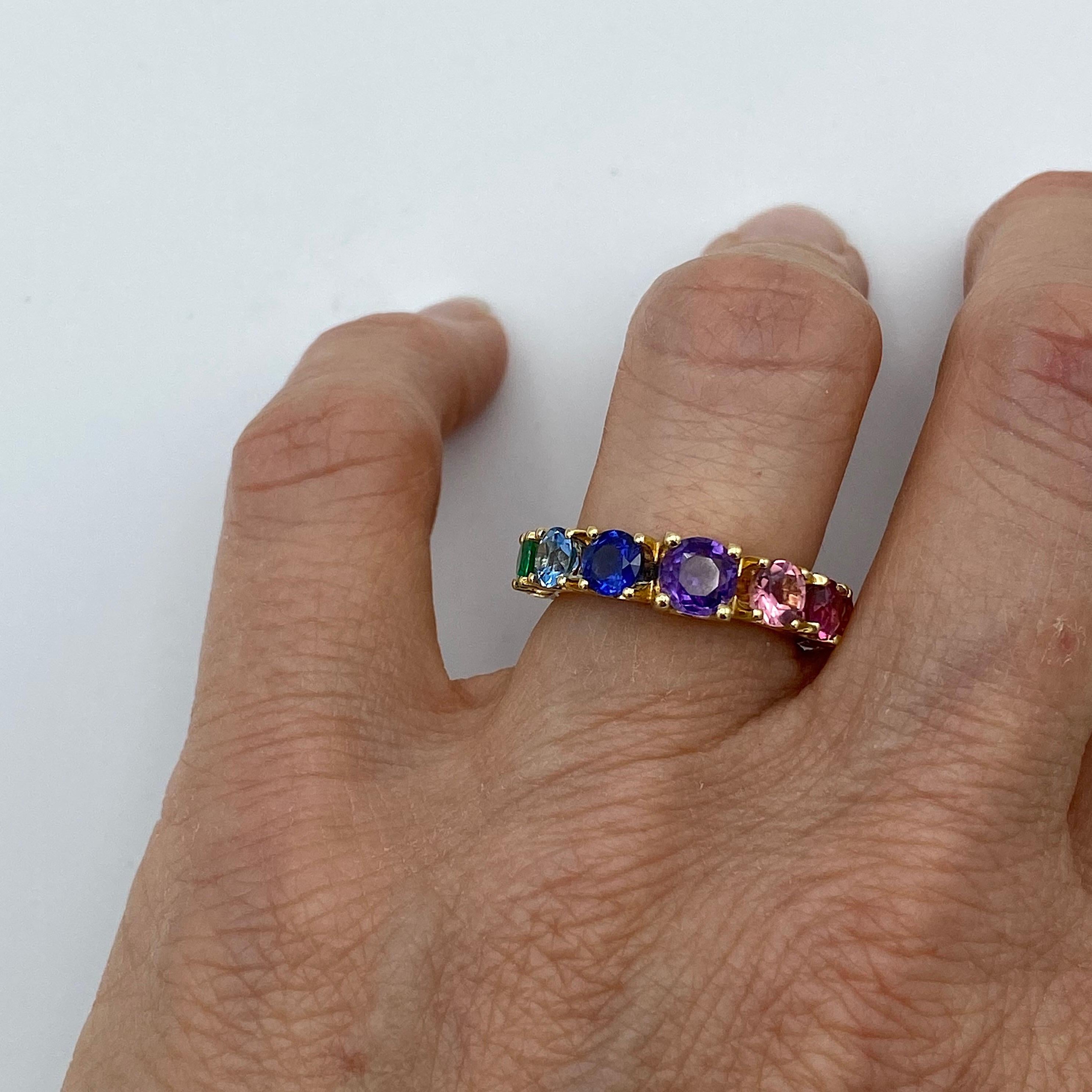 Eternity Band Rainbow Sapphire Emerald Tzavorite Semiprecious 18 Karat Gold Ring For Sale 1