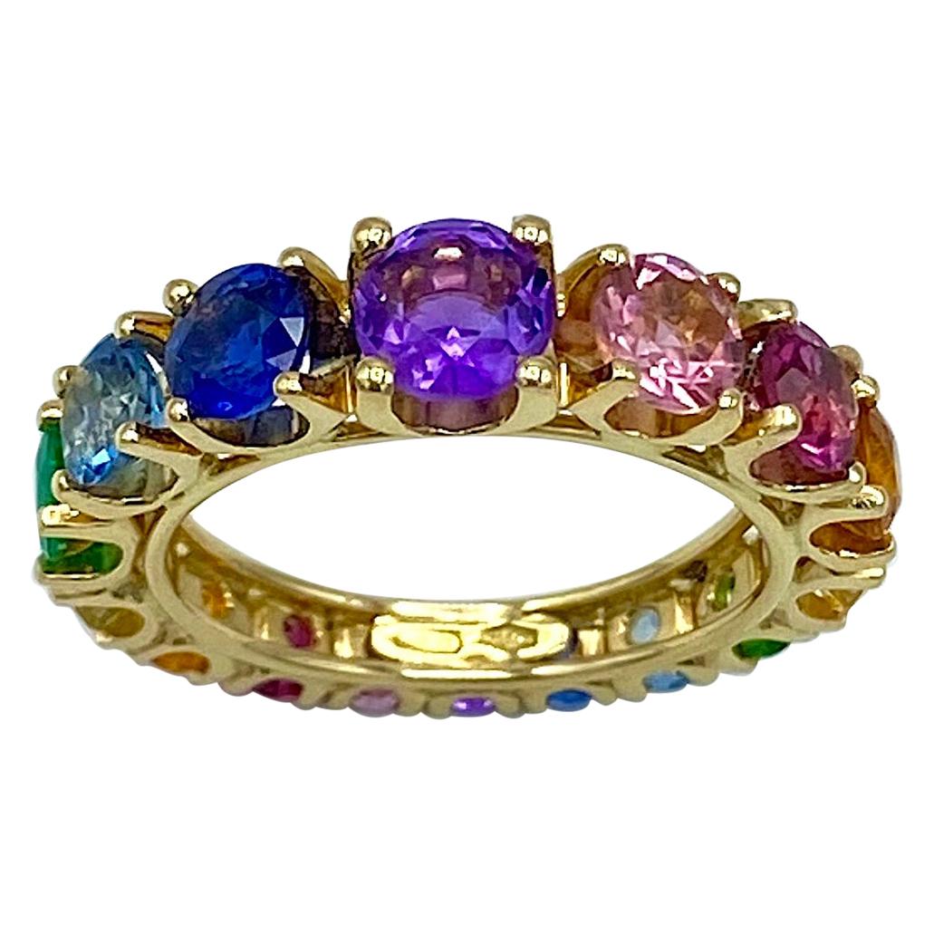 Eternity Band Rainbow Sapphire Emerald Tzavorite Semiprecious 18 Karat Gold Ring For Sale