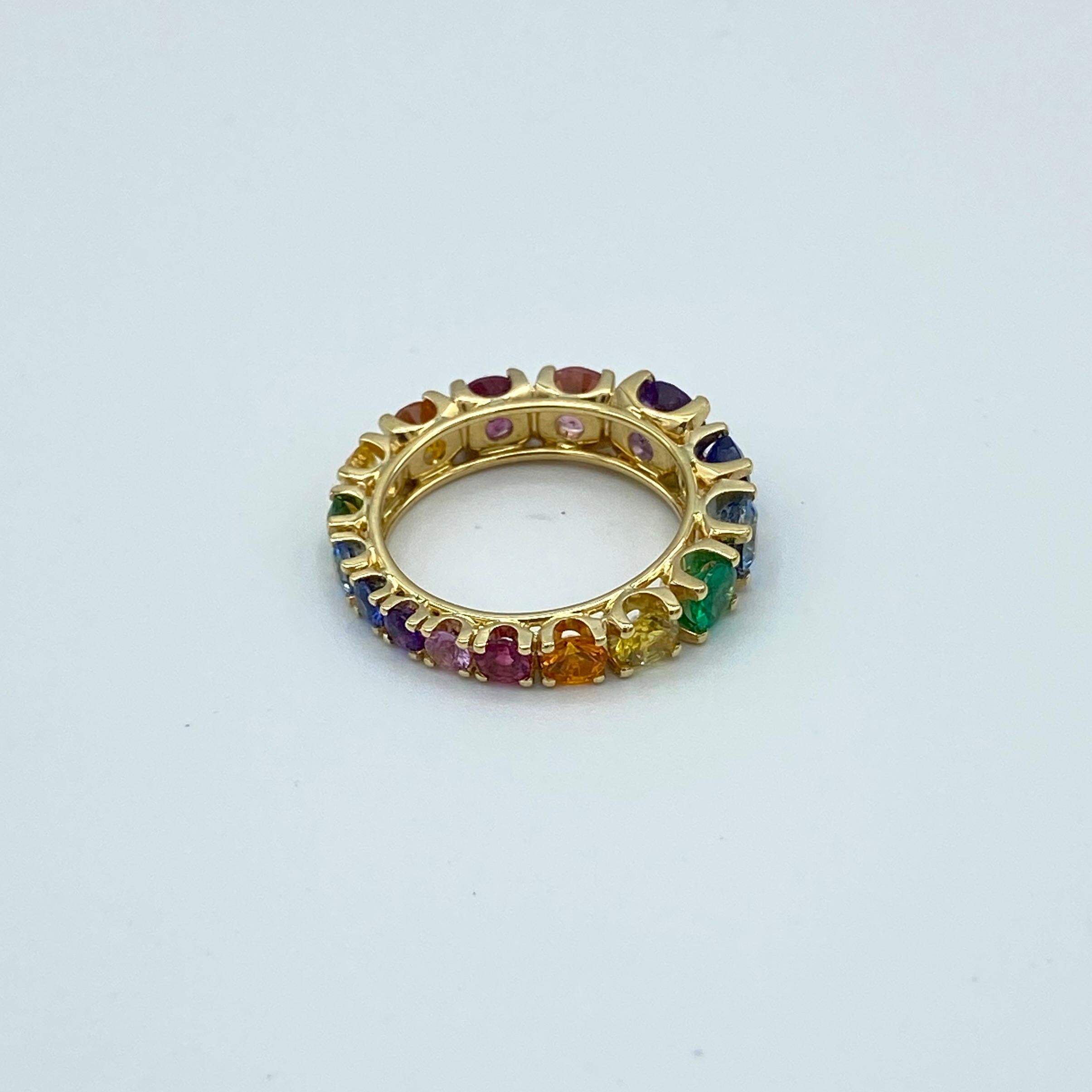 Round Cut Eternity Band Rainbow Ring Sapphire Emerald Tzavorite Semiprecious 18 Karat Gold