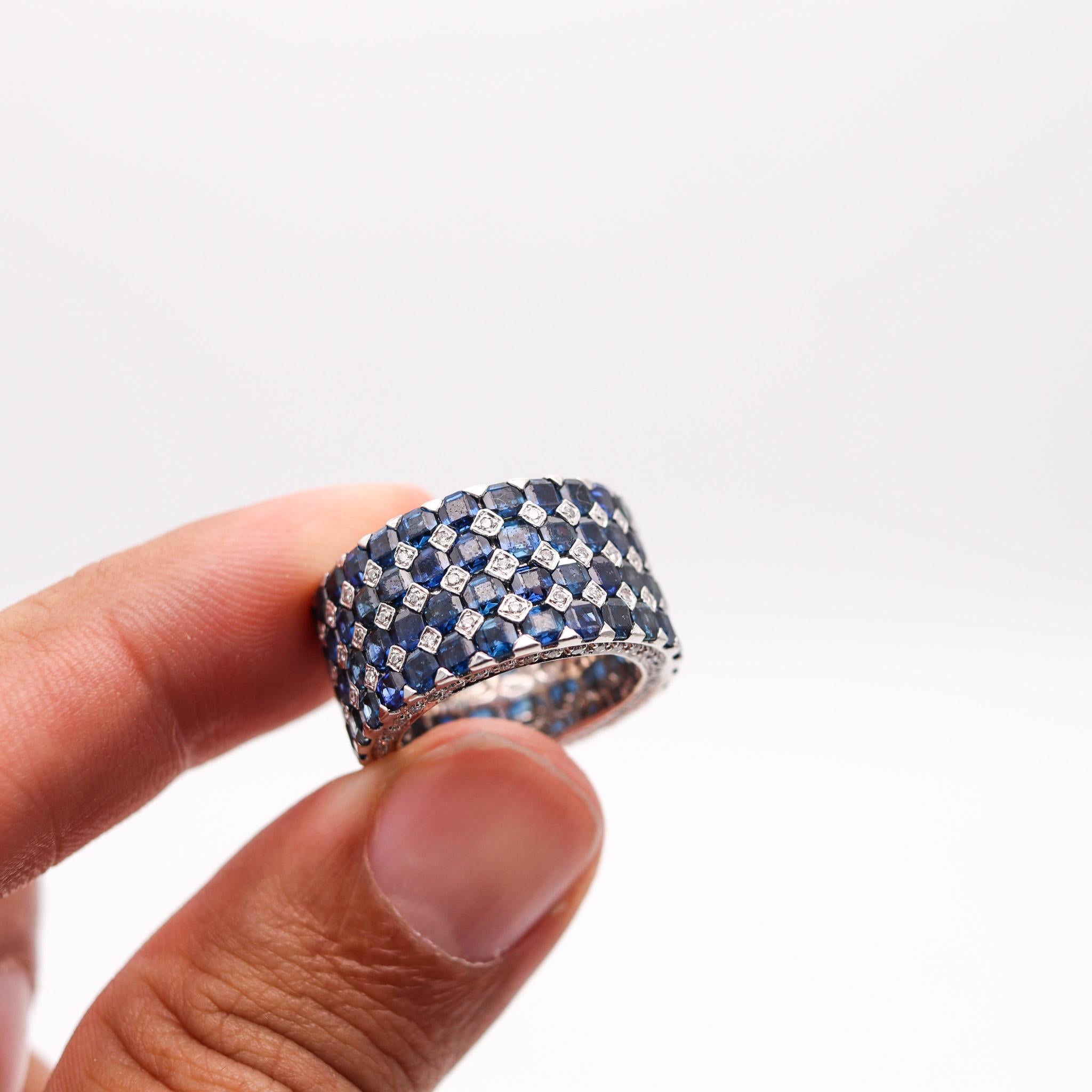 Modern Eternity Band Ring in 14 Kt White Gold with 8.41 Ctw in Sapphires and Diamonds For Sale