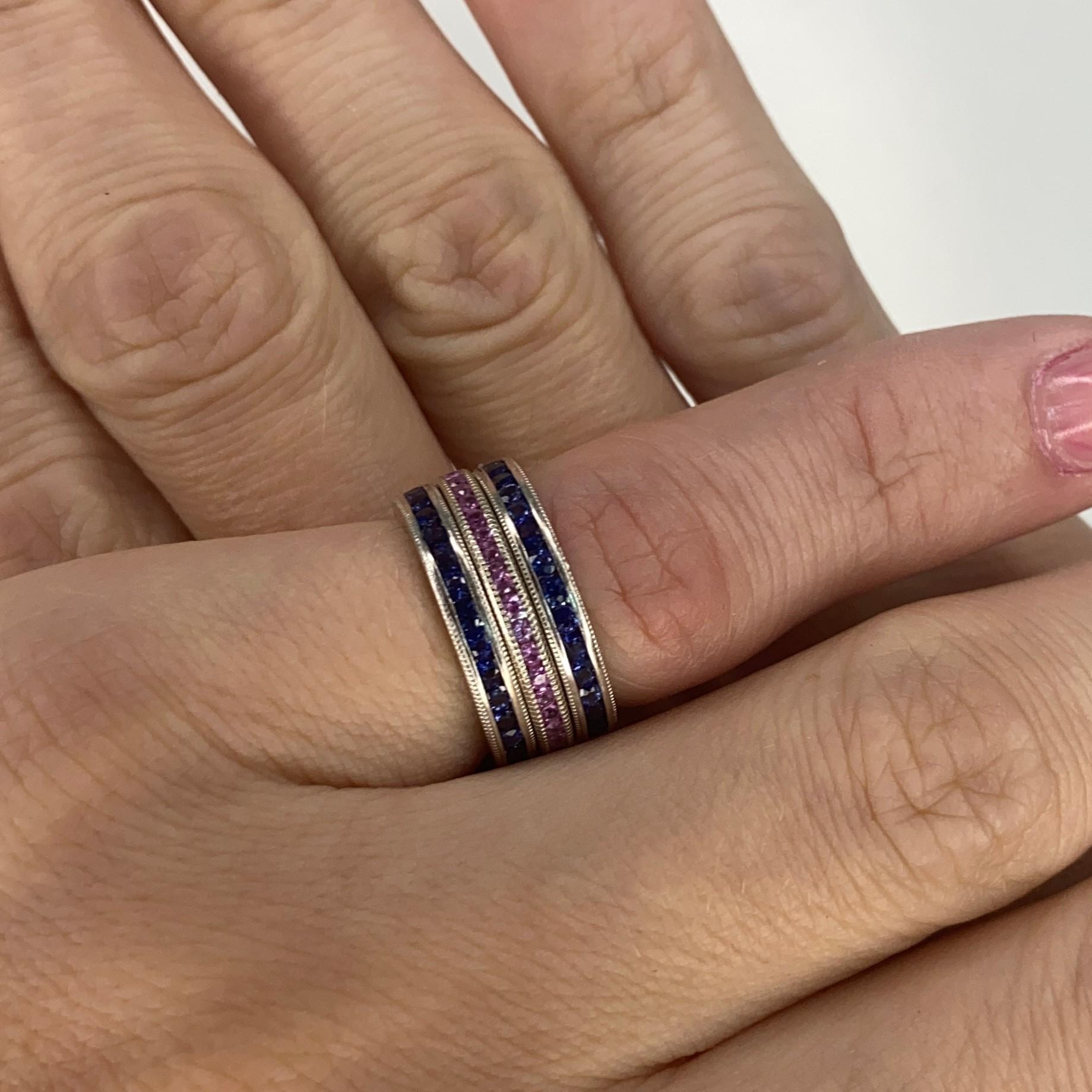 Round Cut Eternity Band Ring in 18Kt White Gold with 1.02 Cts in Vivid Pink Sapphires For Sale