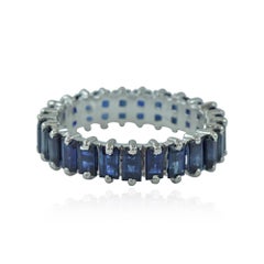 Eternity Band Solid 14k White Gold Jewelry Baguette Blue Sapphire Gemstone Ring