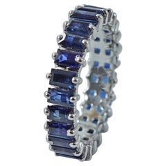 Eternity Band Solid 14k White Gold Jewelry Baguette Blue Sapphire Gemstone Ring