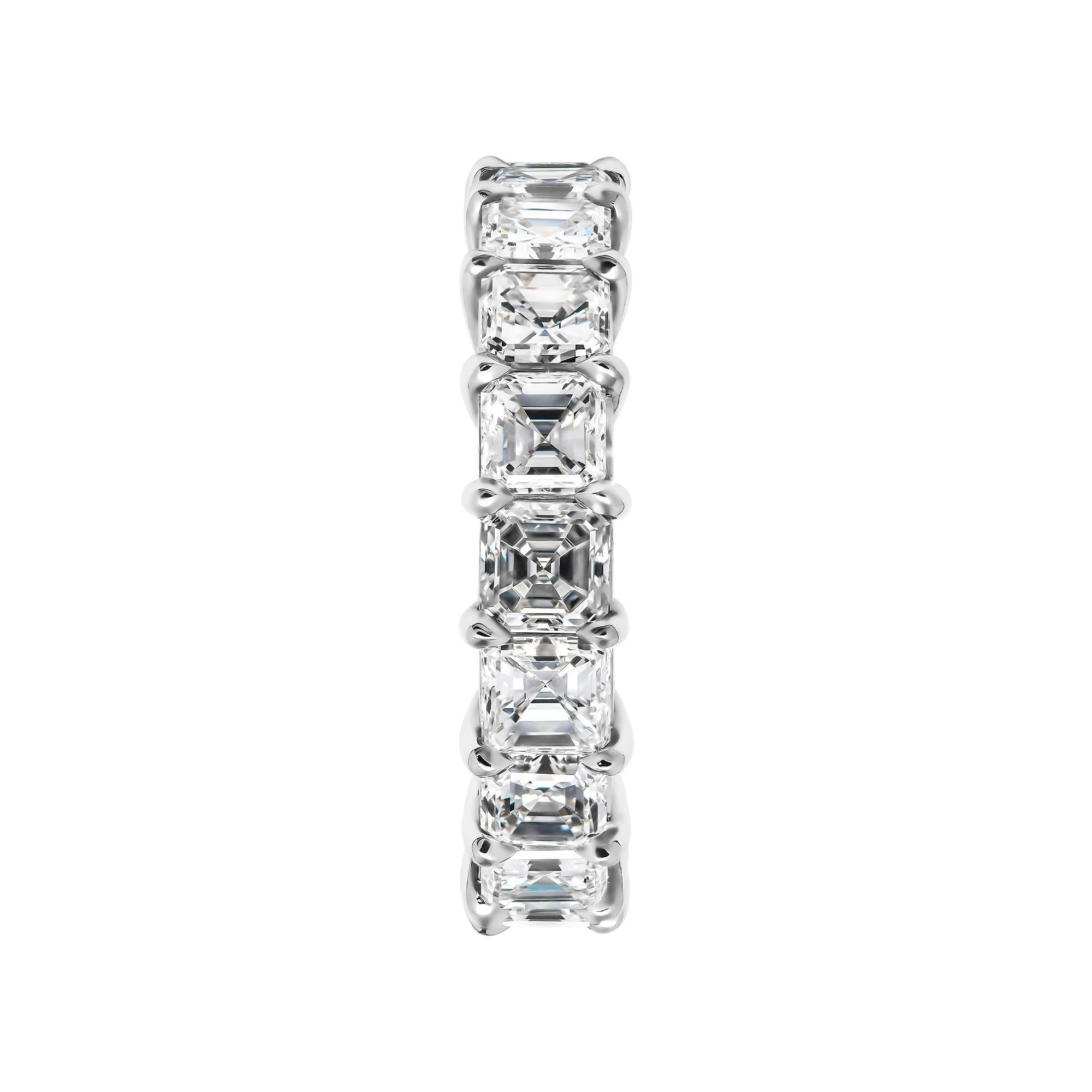 Eternity band with 5.75ct Asscher Cut Diamonds
Mounted in Platinum 950, 18 Asscher cut diamonds won't miss a sparkle!
Beautiful step cut, bold and classy 
All diamonds are G-H color and VS clarity 
Designed and manufactured by M&V Vanguard Jewelry
