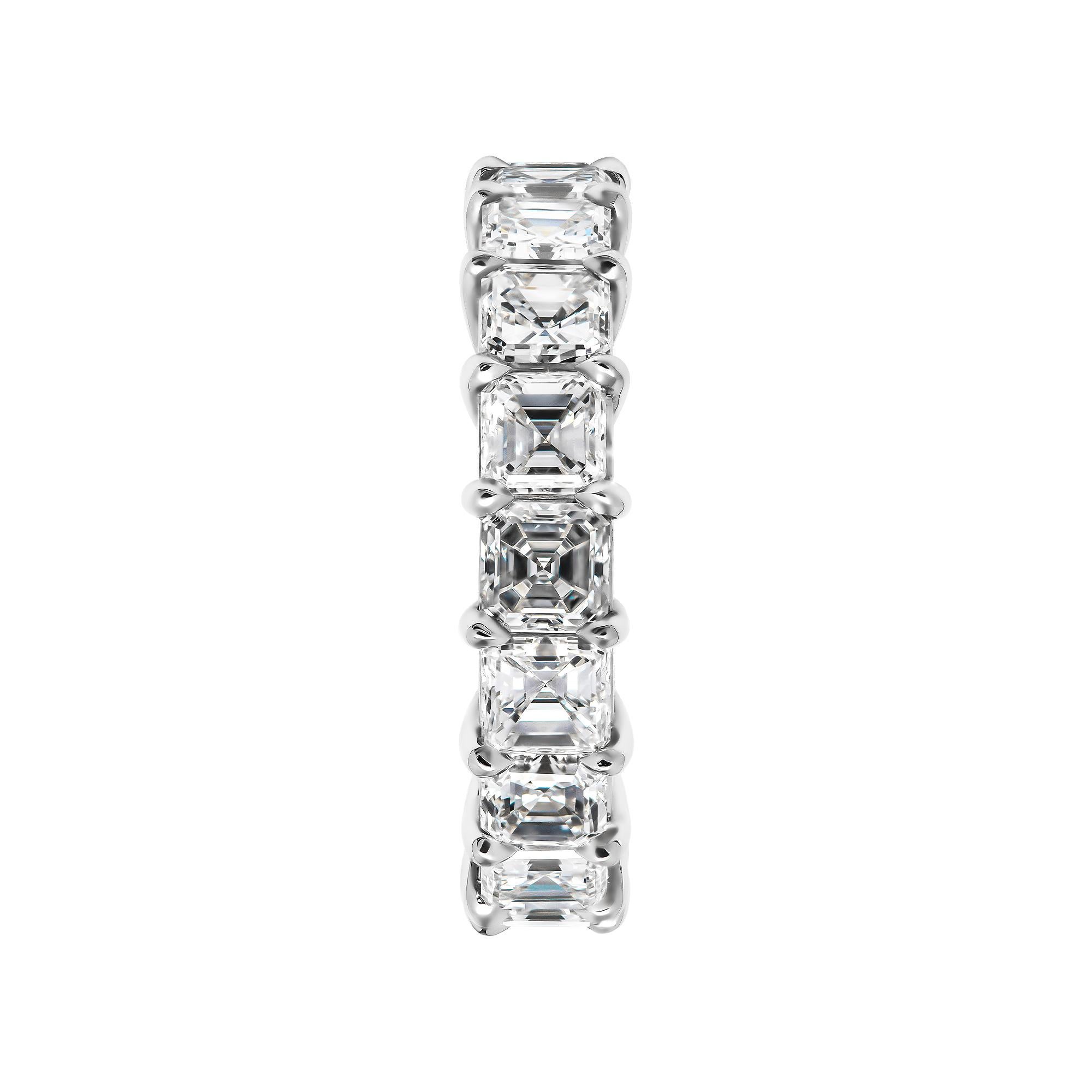 Eternity band with 5.75ct Asscher Cut Diamonds
Mounted in Platinum 950, 18 Asscher cut diamonds won't miss a sparkle!
Beautiful step cut, bold and classy 
All diamonds are G-H color and VS clarity 
Designed and manufactured by M&V Vanguard Jewelry