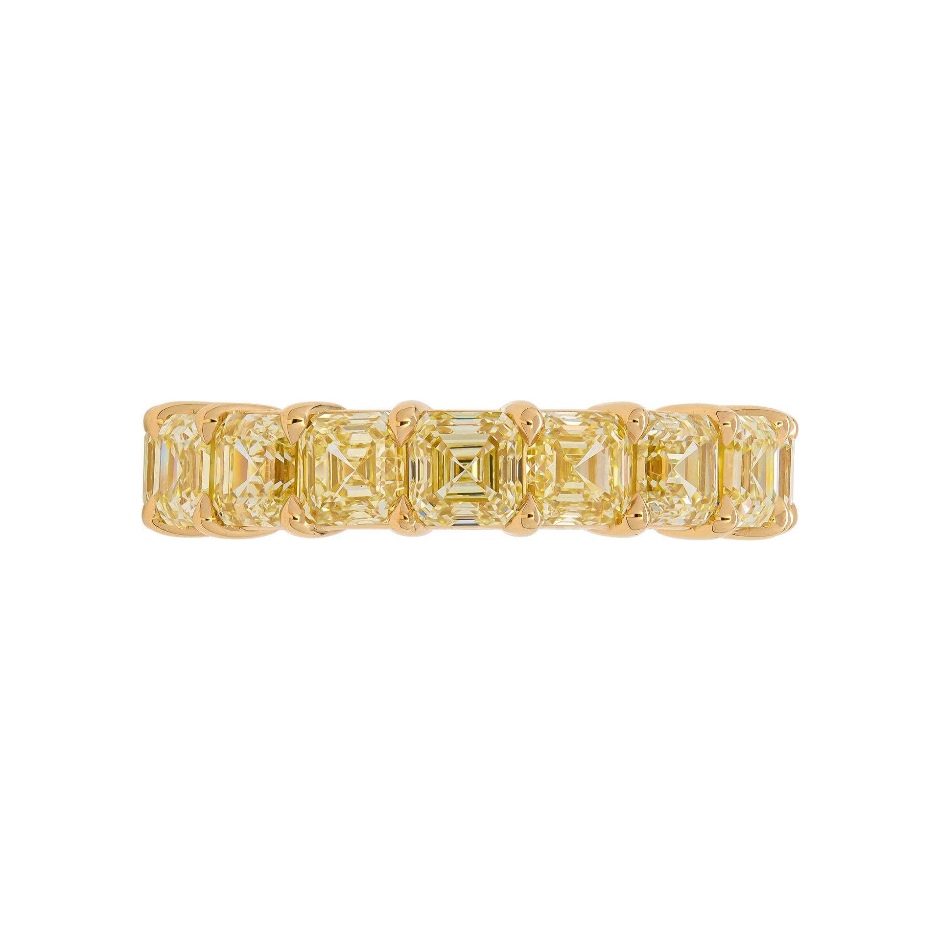 Eternity wedding band in 18K Yellow Gold
 17 stones 0.47ct each TCW: 7.73ct
Fancy Yellow Asscher cut Diamonds 
 Size: 6 1/4
Comes in original box, appraisal available upon request 