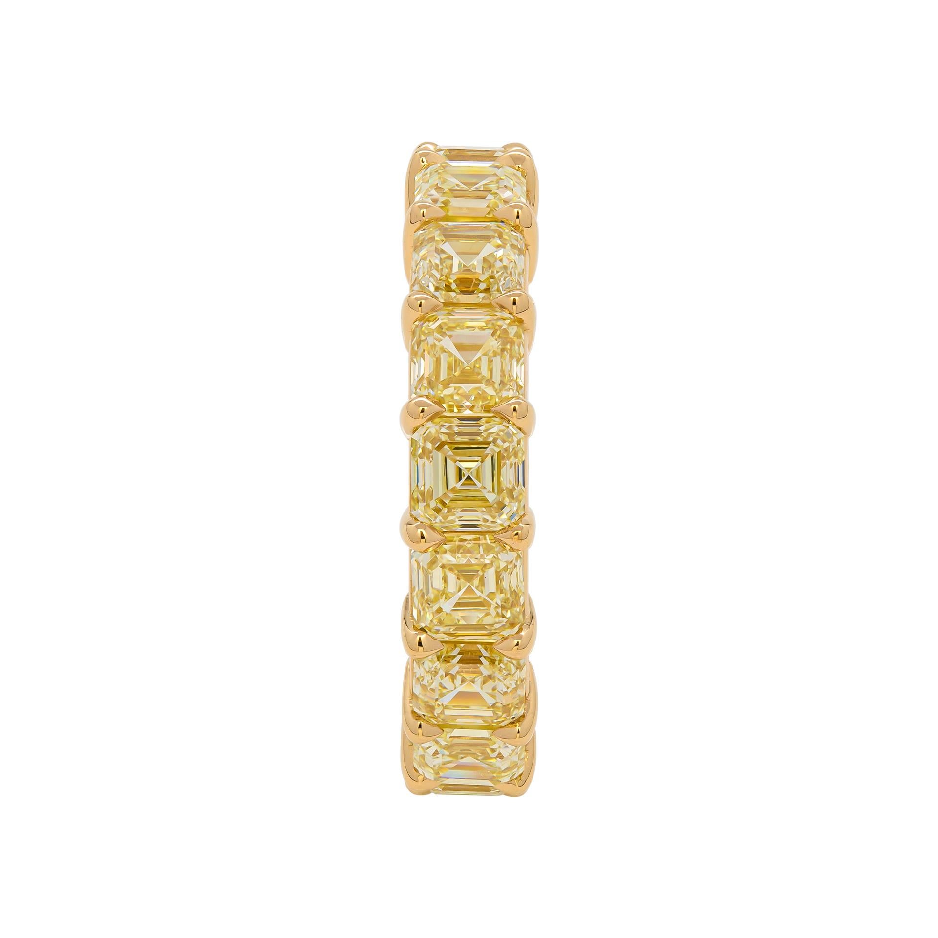 Modern Eternity Band with 7.73 Carat Fancy Yellow Asscher Cut Diamonds