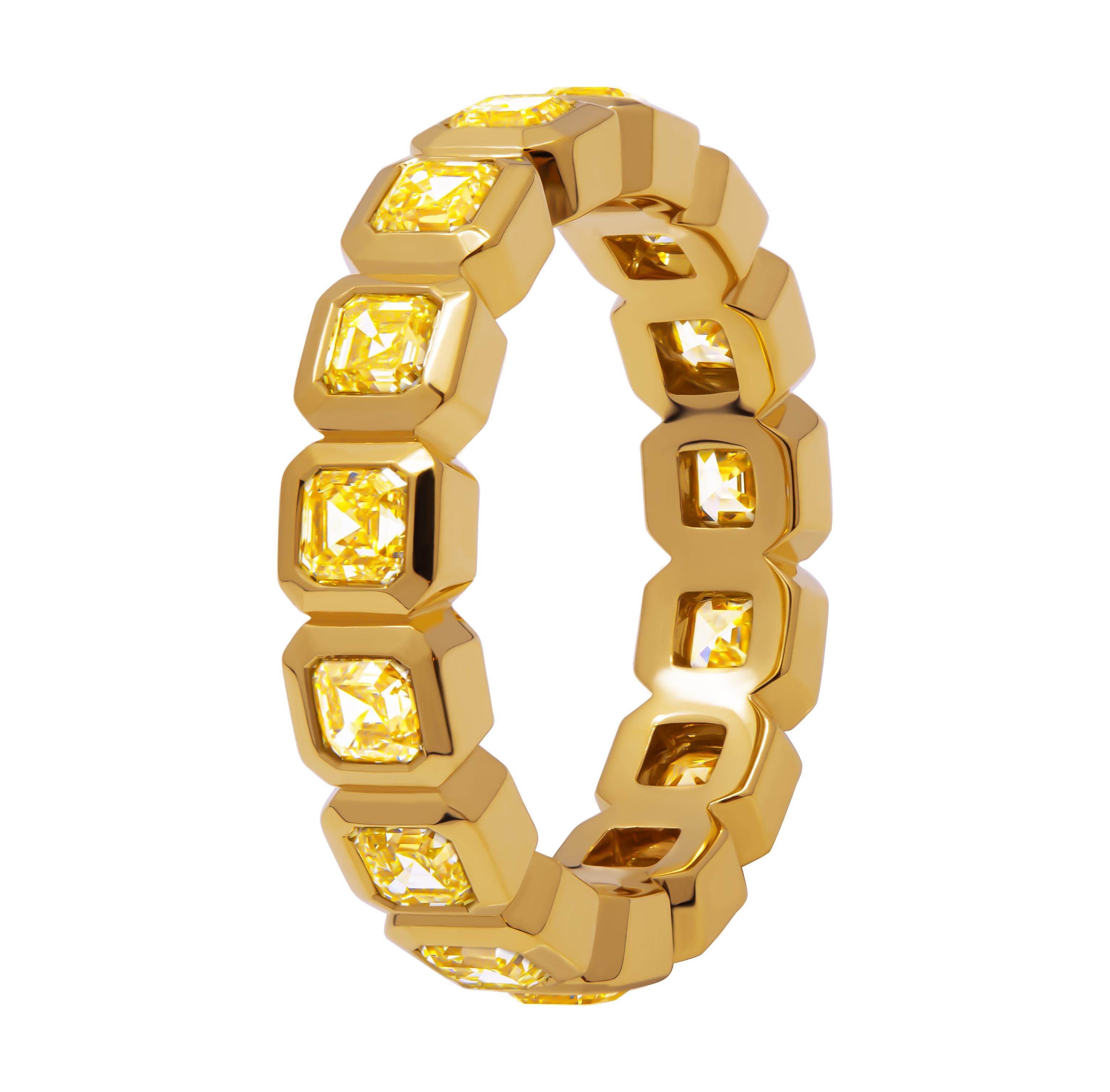 Modern Eternity Band with Fancy Yellow Asscher Cut Diamonds For Sale