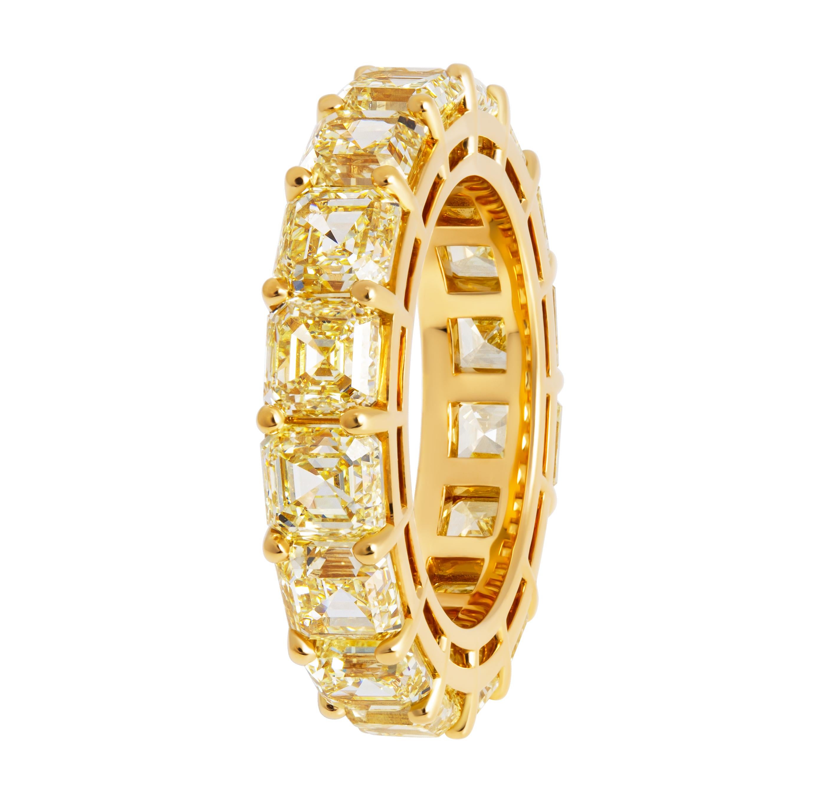 Eternity band with Fancy Yellow Asschers cut 0.60ct
In 18K Yellow Gold 
16 stones totaling 9.60ct 
Size:6