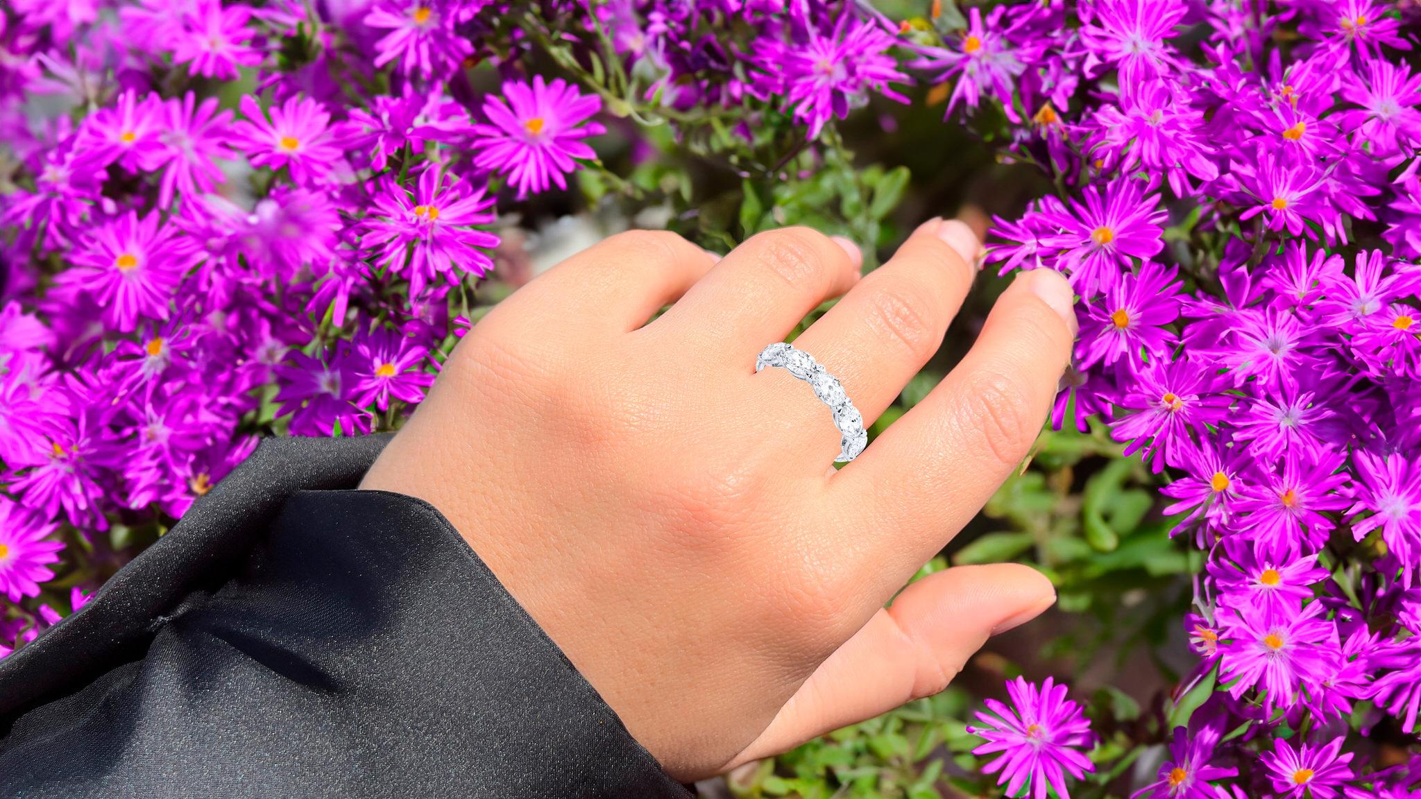 Contemporary Eternity Diamond Band Ring Oval Cut 5.03 Carats 18K White Gold For Sale