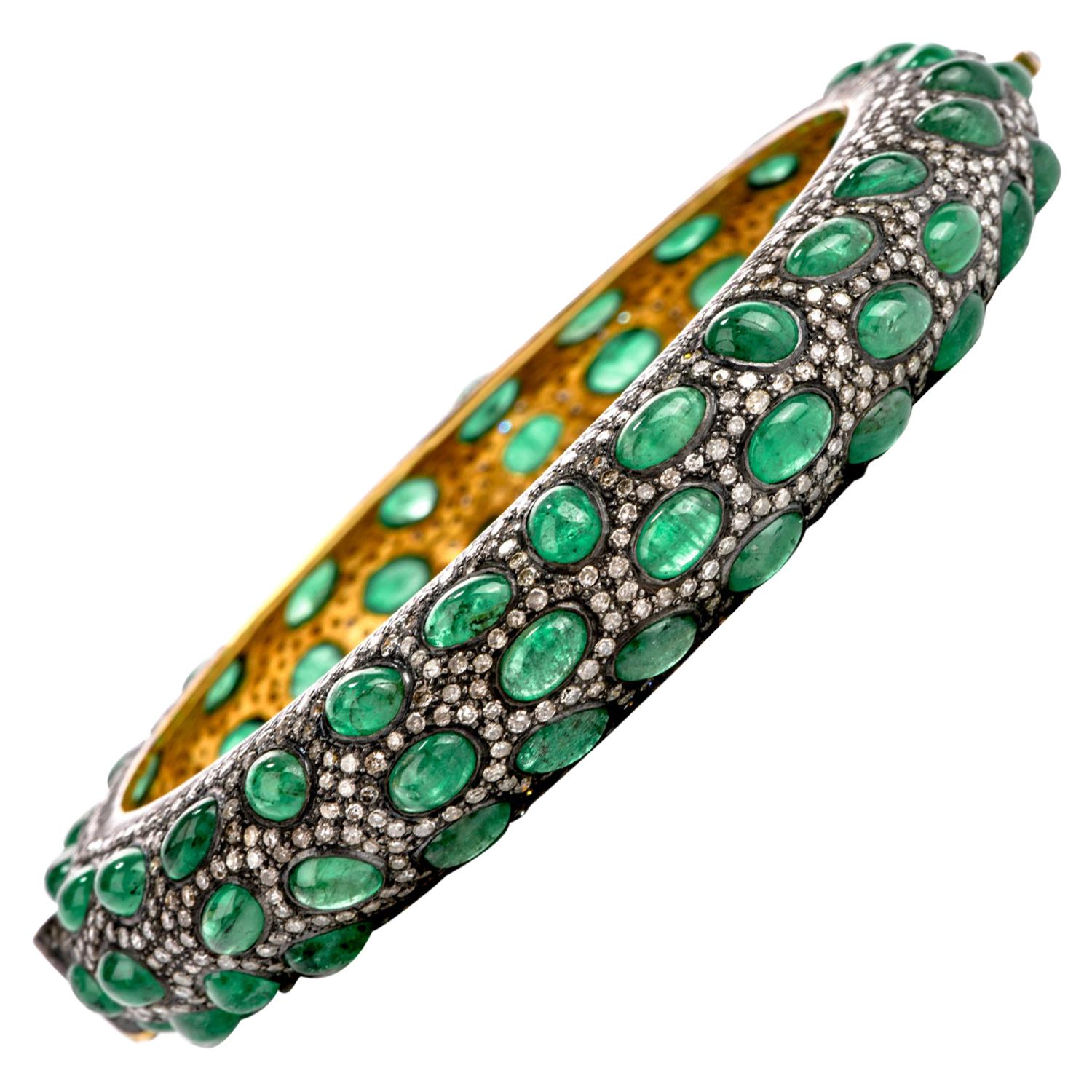Eternity Diamond Emerald 18 Karat Gold Silver Bangle Bracelet