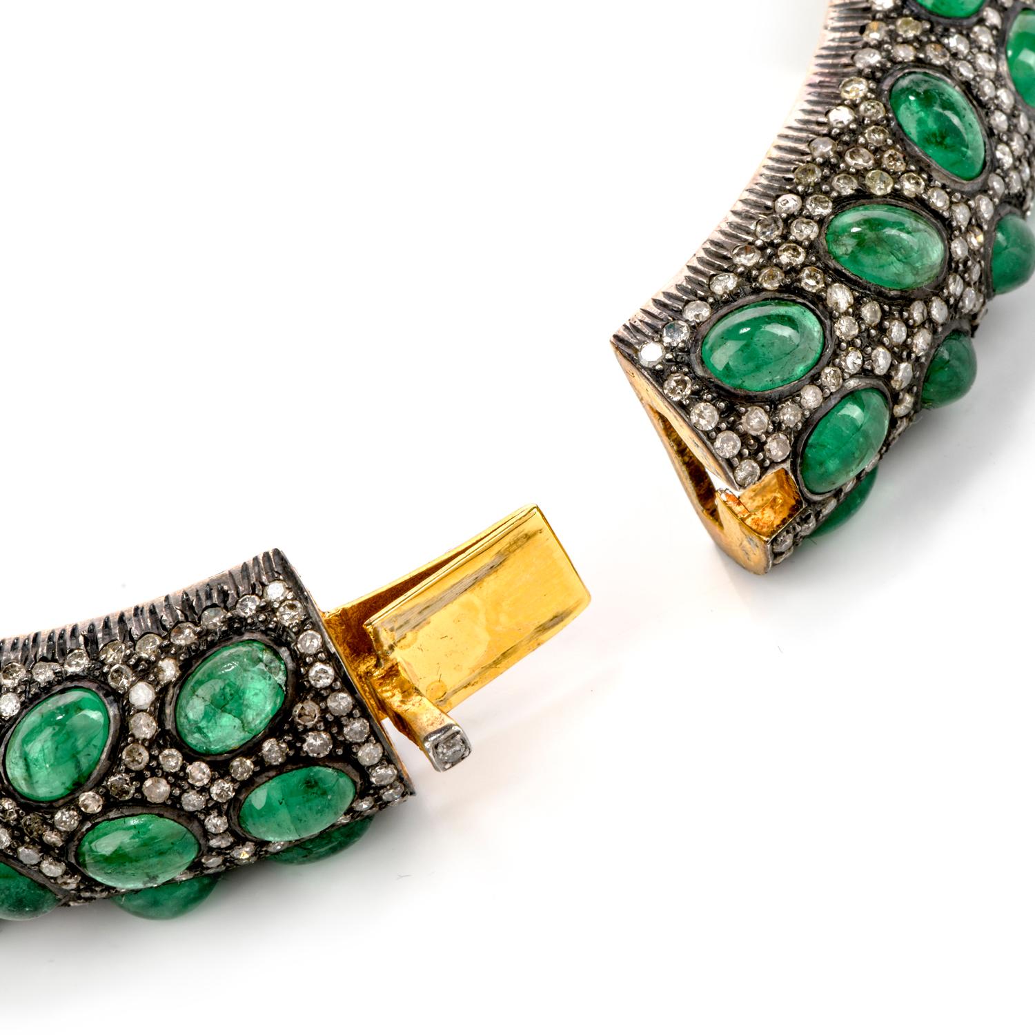 Art Deco Eternity Diamond Emerald 18 Karat Gold Silver Bangle Bracelet