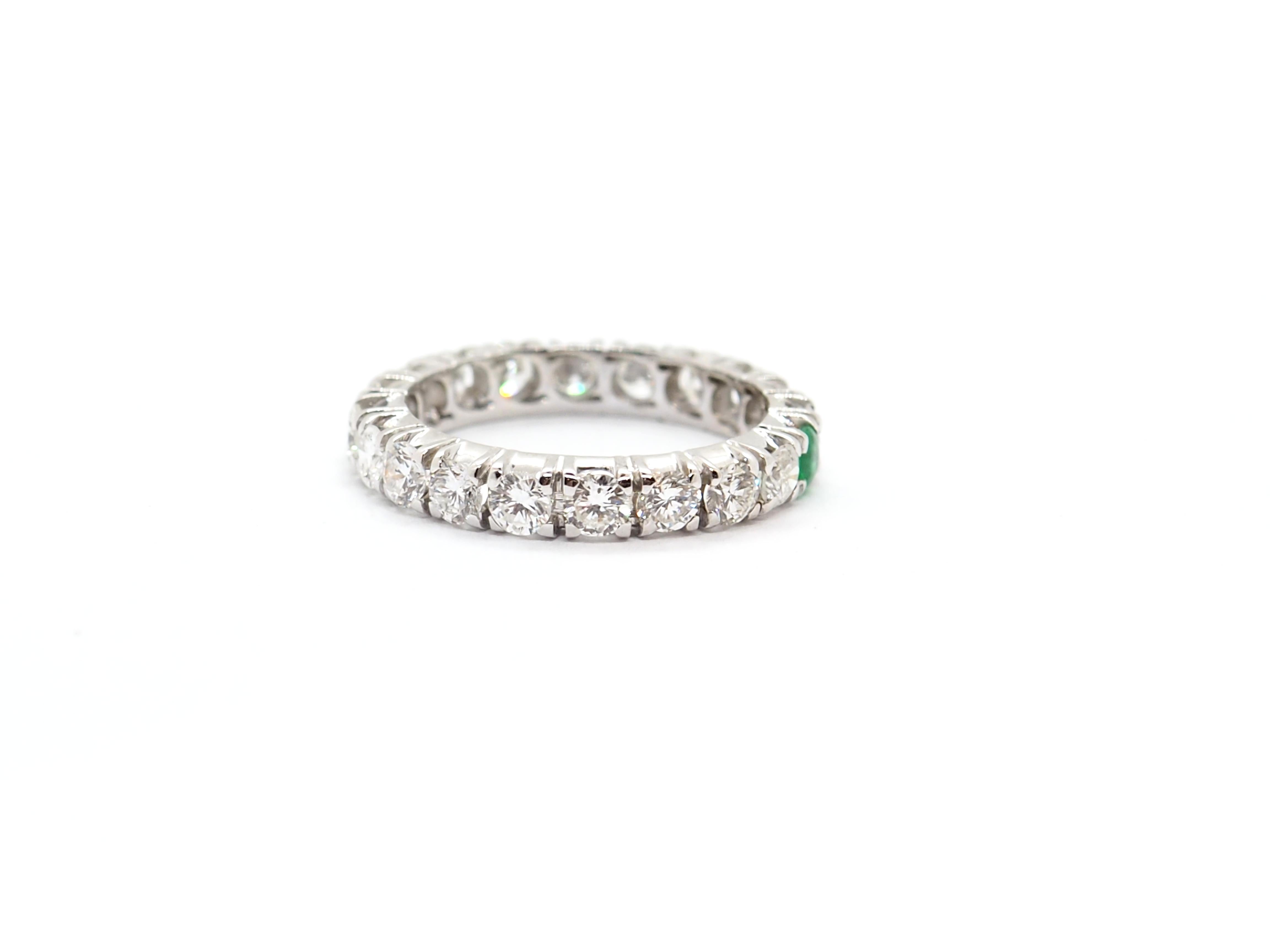 Women's Eternity Diamond Emerald Ring 18 Karat White Gold For Sale