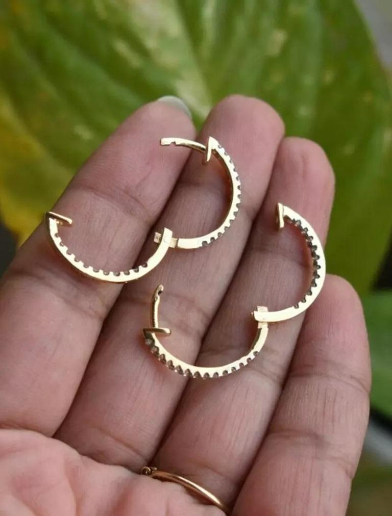 Round Cut Eternity Diamond Hoop Earring 14K Solid Gold Inside Out Stylish Bridal Earring For Sale
