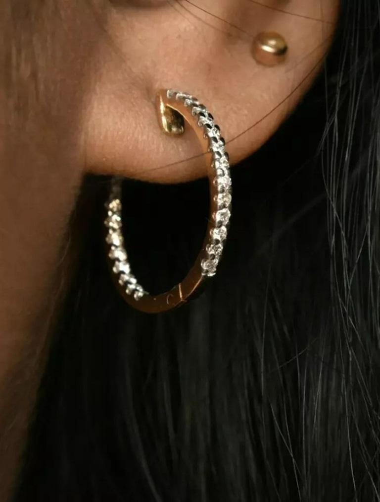 Eternity Diamond Hoop Earring 14K Solid Gold Inside Out Stylish Bridal Earring In New Condition For Sale In Chicago, IL