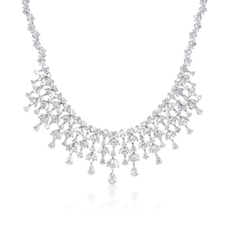 ETERNITY DIAMOND NECKLACE Our exquisite diamond necklace displayed in white gold features graduated rows of pear marquise and round shaped stones, impeccably set by our craftsmen in seamless streams of pure radiance Item: # 03358 Metal: 18k White