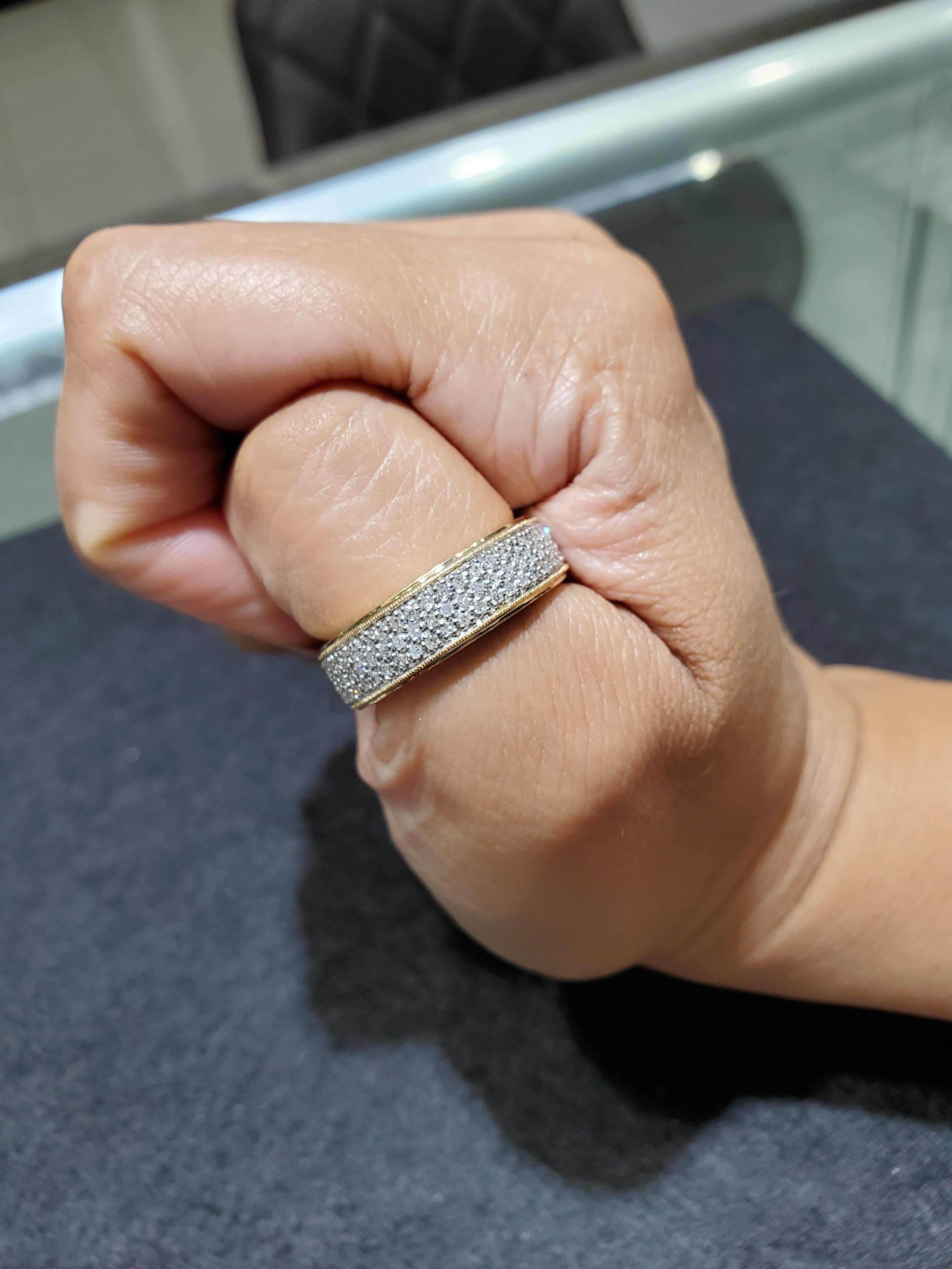 ♥ Product Summary ♥

Main Stone: Diamond
Approx. Total Diamond Carat Weight: .83cttw
Diamond Color: G/H
Diamond Clarity: I2/I3
Diamond Cut: Round
Number of Stones: 129 
Band Material: Solid 14k Gold
Band Width: 7mm
Size: 9
**Size on this ring cannot