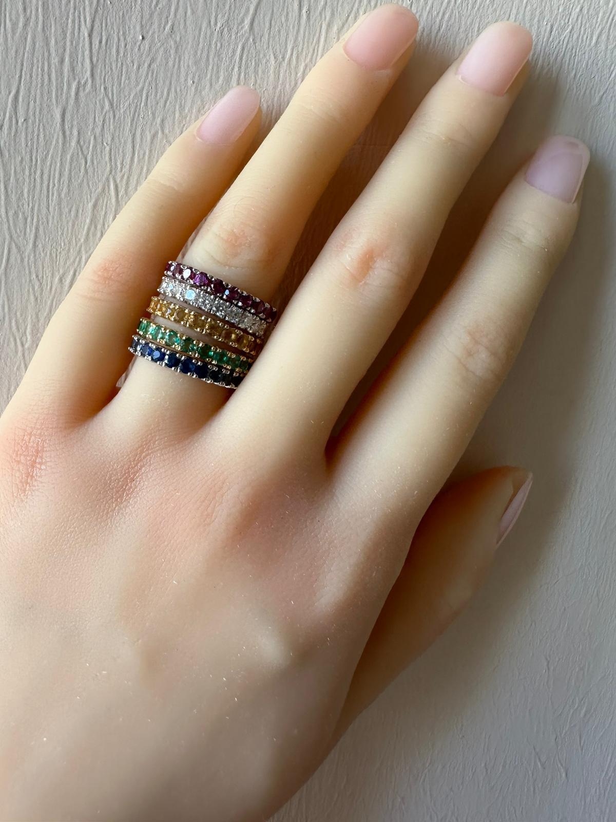 For Sale:  Eternity Gold Ring Set of multicolor gemstones: emeralds, sapphires, garnets 16