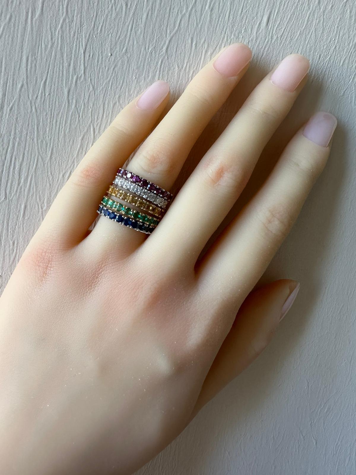 For Sale:  Eternity Gold Ring Set of multicolor gemstones: emeralds, sapphires, garnets 17