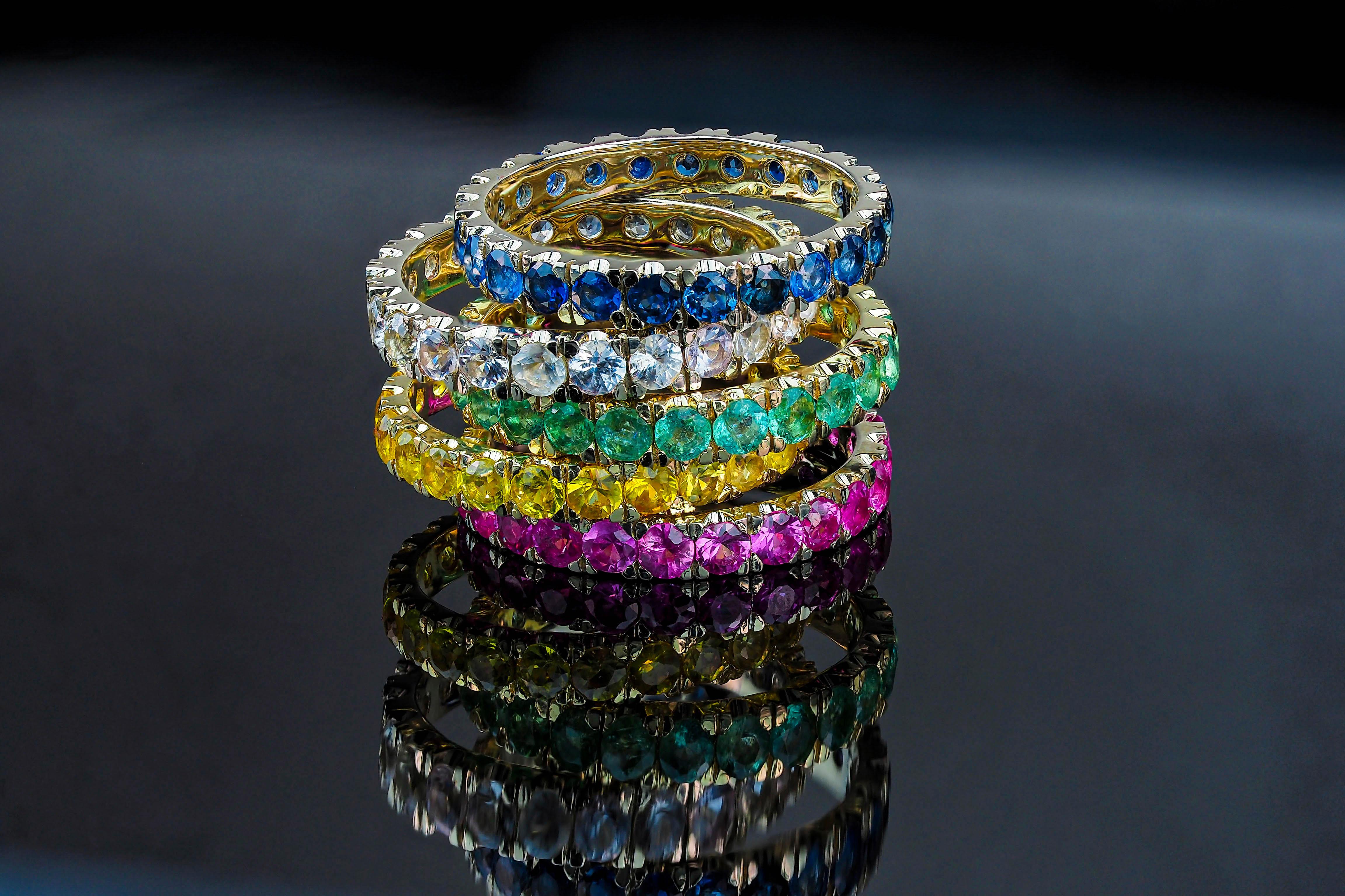 For Sale:  Eternity Gold Ring Set of multicolor gemstones: emeralds, sapphires, garnets 5