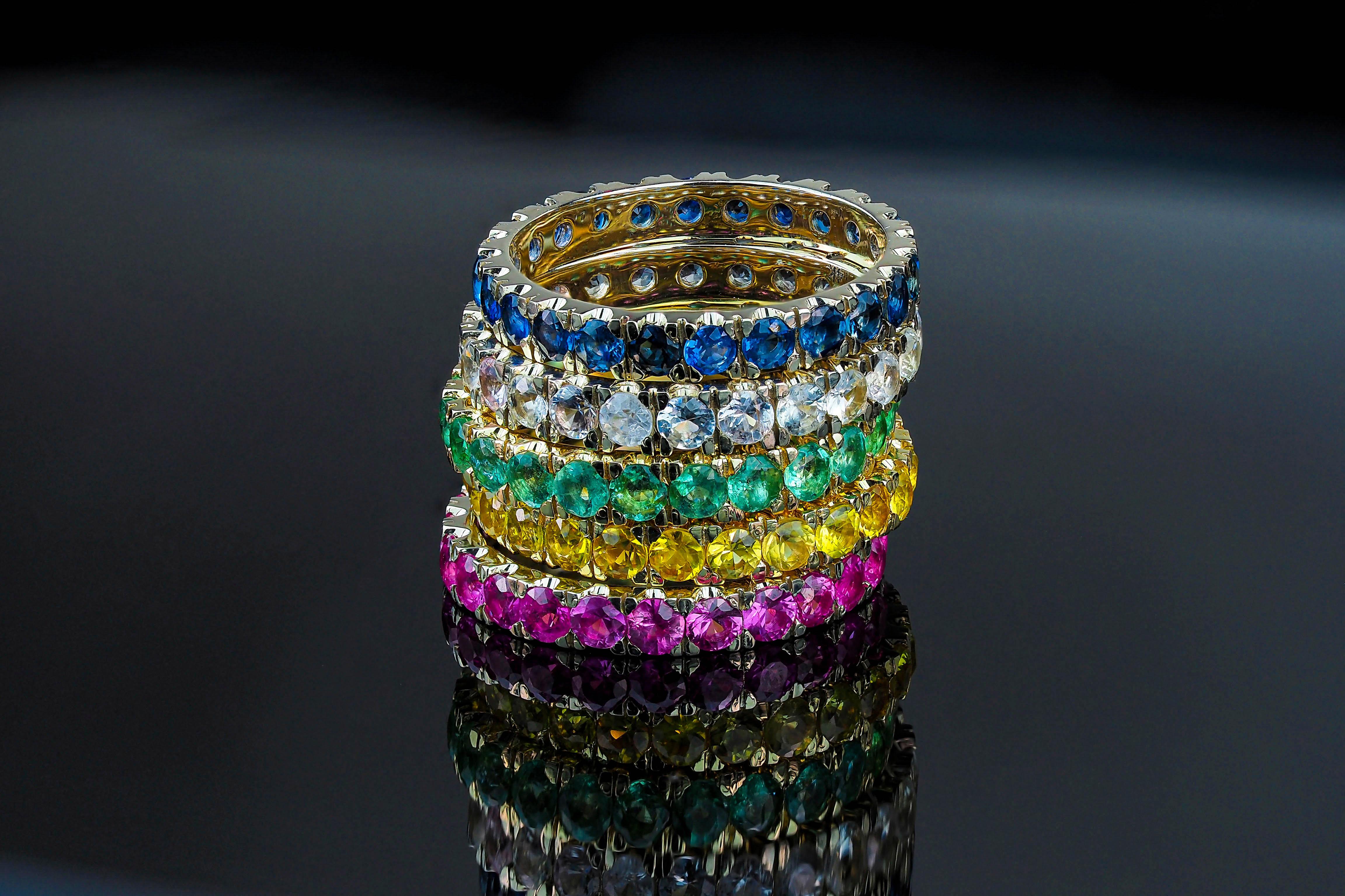 For Sale:  Eternity Gold Ring Set of multicolor gemstones: emeralds, sapphires, garnets 2
