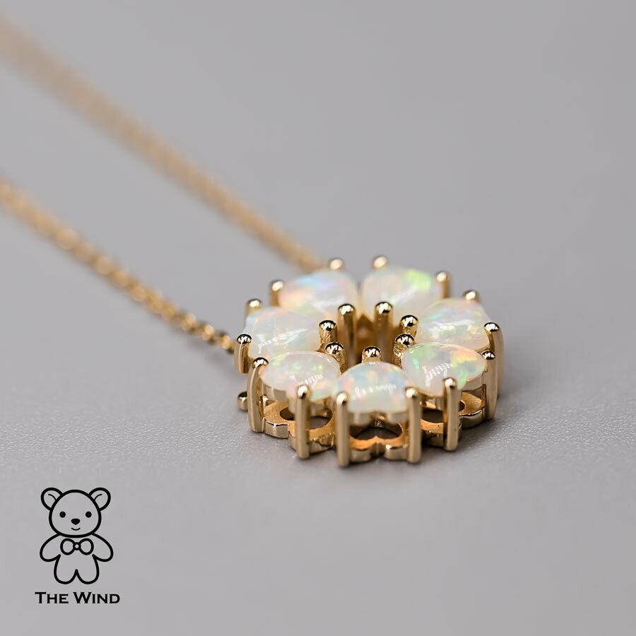 Brilliant Cut Eternity Heart Australian Crystal Opal Circle Necklace Pendant 14K Yellow Gold For Sale