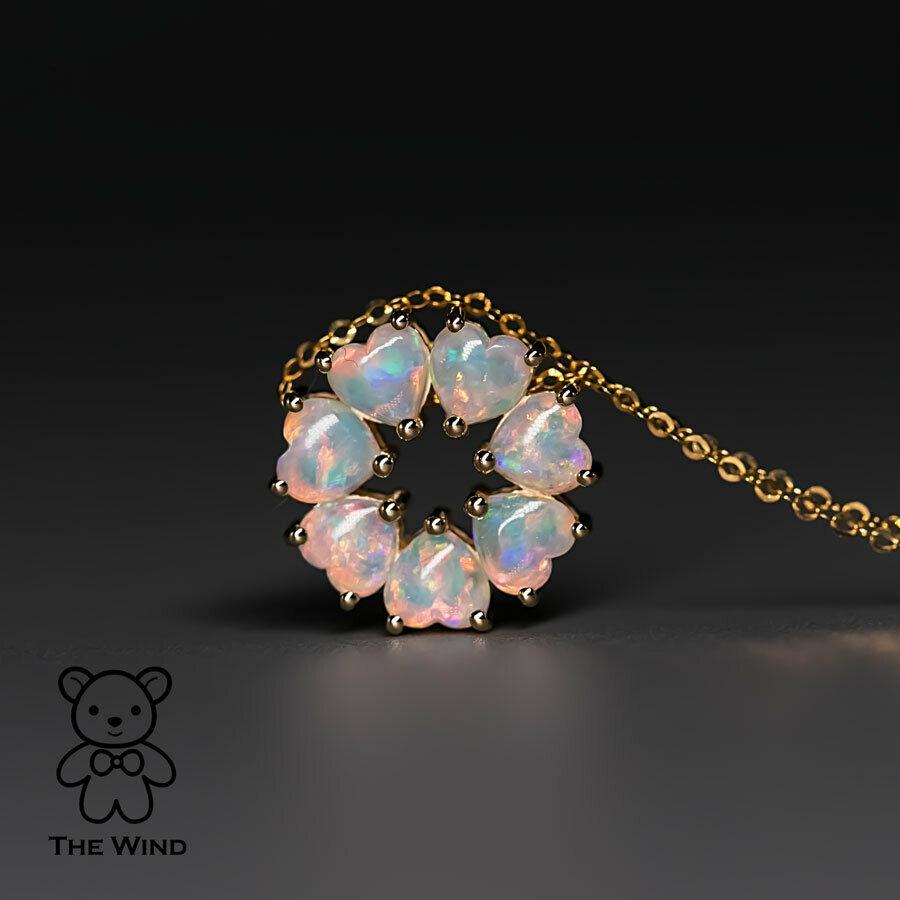 Women's or Men's Eternity Heart Australian Crystal Opal Circle Necklace Pendant 14K Yellow Gold For Sale